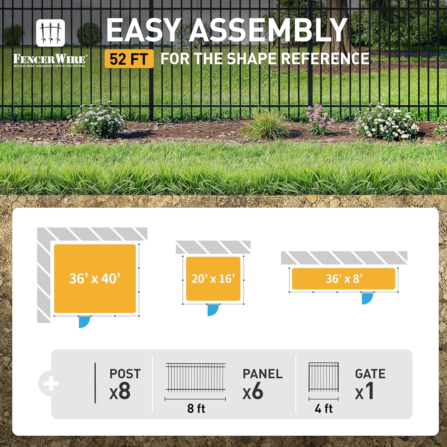 Fencer Wire 52FT Heavy Duty Flat Top Fence Barrier Kit, Anti-Rust Metal Steel Fence with 5FT Height X 8FT Width Panels, Gate, Posts, Connectors, Outdoor Fencing for Yard, Pool, Patio