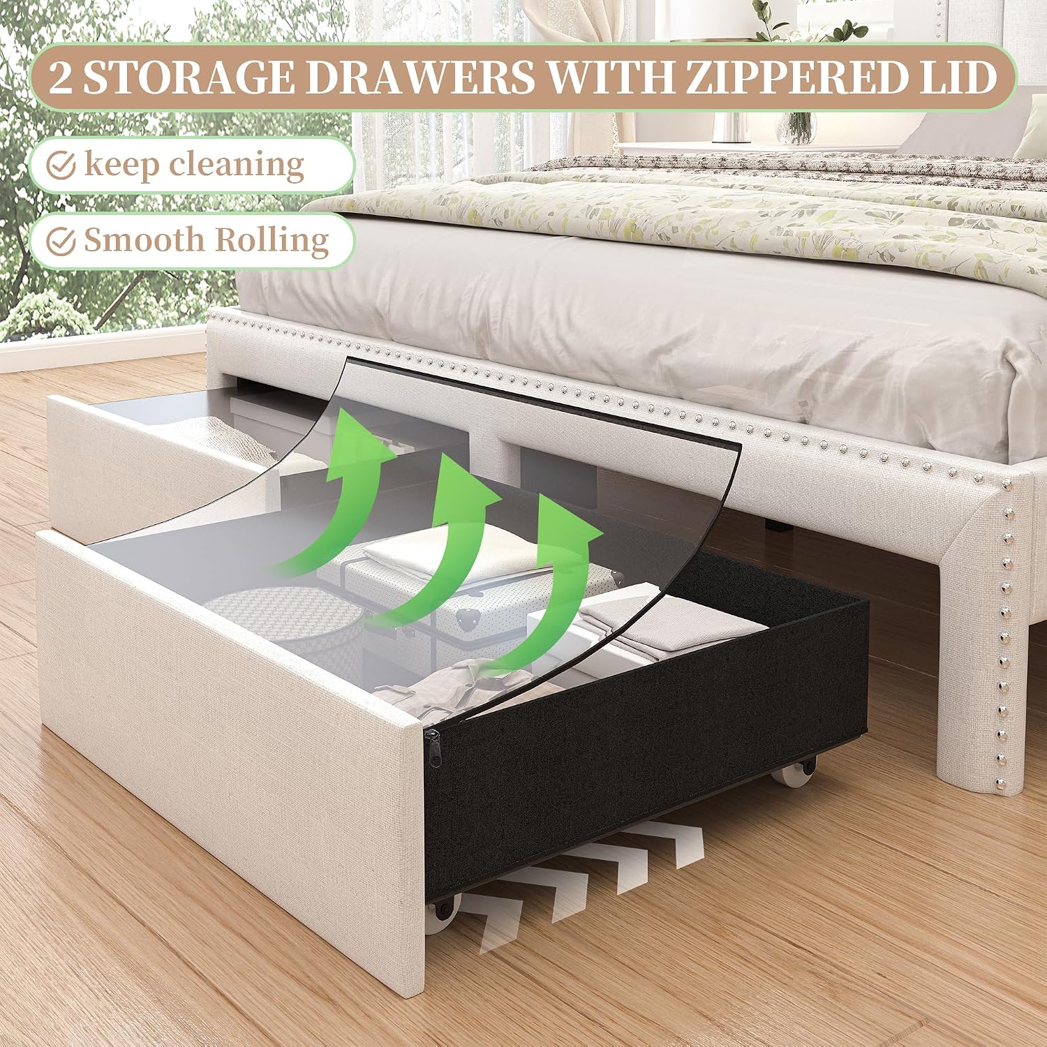 SIBEDS Full LED Bed Frame with 2 Drawers, Upholstered Platform Bed with 2 Tier Storage Wingback Headboard, Linen Channel Tufted Bedframe with Rivet Decor, No Box Spring Needed, Natural