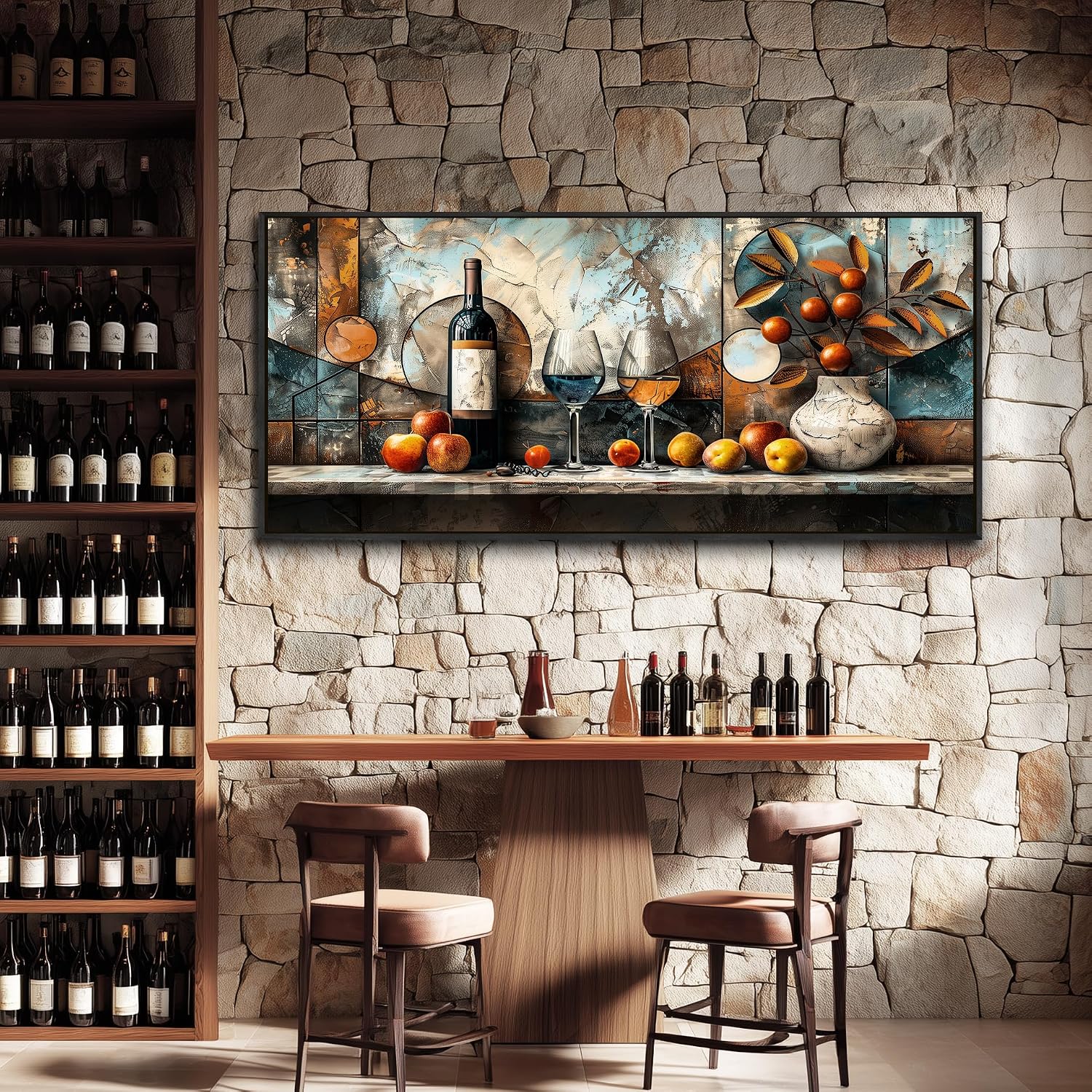 XIGUANGART Kitchen Pictures Wall Decor,Extra Large Framed Wall Art,Fruit Harvest Still Life Wall Art For Dining Room Vintage Picture Artwork Wine Glass Painting Pub Living Room Home Decor 32x72 In