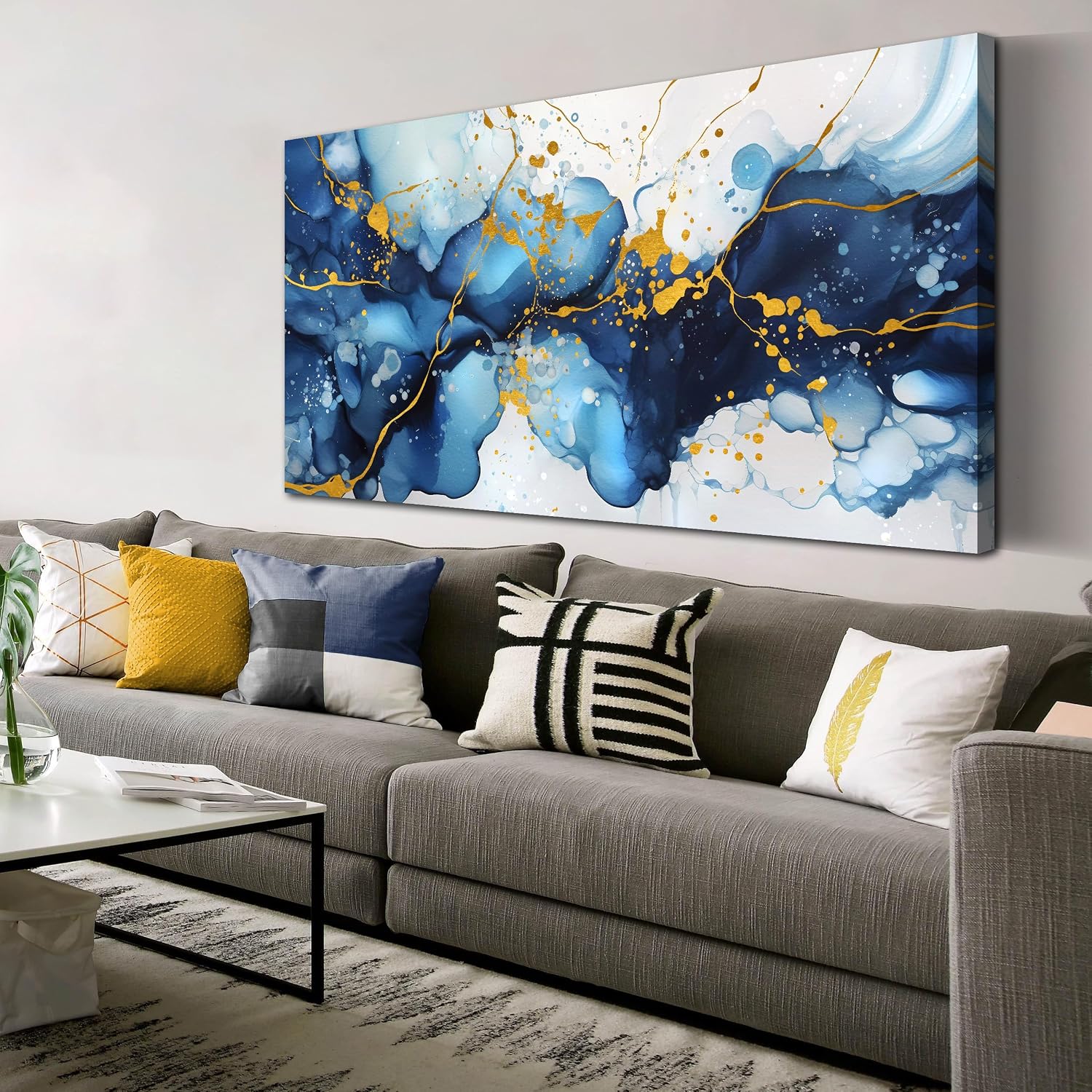 Abstract Canvas Wall Art for Office - Blue Pictures Wall Decor - Large Wall Painting for Living Room Ready to Hang Size 29' x 59'