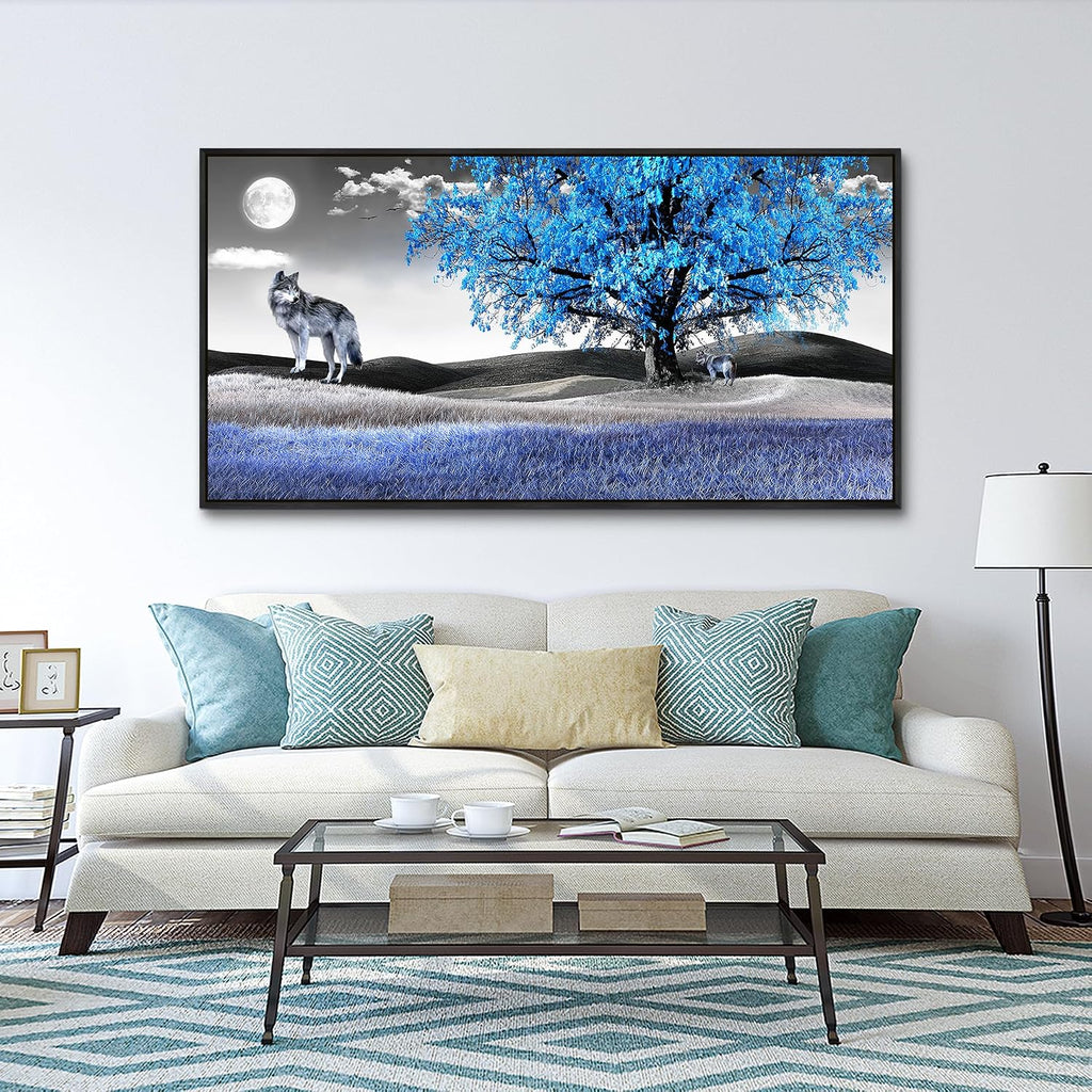 Wapluam Canvas Art Prints Wall Art For Living Room Large Wall Decor For Bedroom Modern Office Decorations Blue Tree and Wolfs Wall Pictures Black And White Paintings Room Black Framed Home Artwork