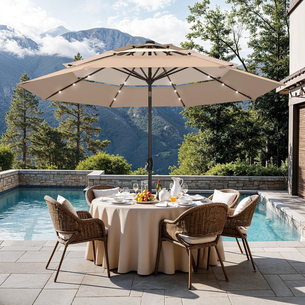Sophia & William 10ft Patio Umbrellas 3-Tier Umbrella Outdoor Patio Umbrellas with Lights Vented Top 24 LED lights Adjustable Tilt for Pool Garden Backyard, Mixed Beige