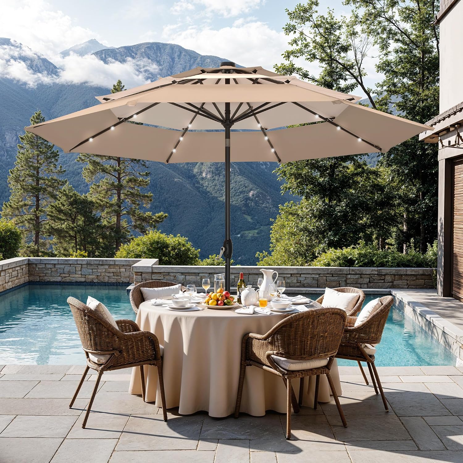 Sophia & William 10ft Patio Umbrellas 3-Tier Umbrella Outdoor Patio Umbrellas with Lights Vented Top 24 LED lights Adjustable Tilt for Pool Garden Backyard, Mixed Beige