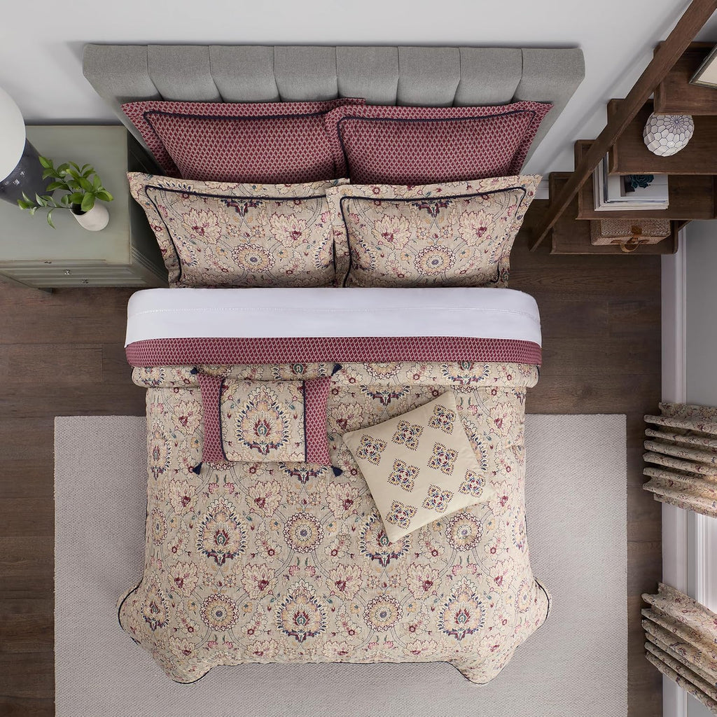 Waverly Oxford Damask 4 Piece Cotton Comforter Set, Embellished All Season Bedding, Includes One Comforter, One Bed Skirt and Two Pillow Shams, Machine Washable King Bed Set, Beige & Maroon