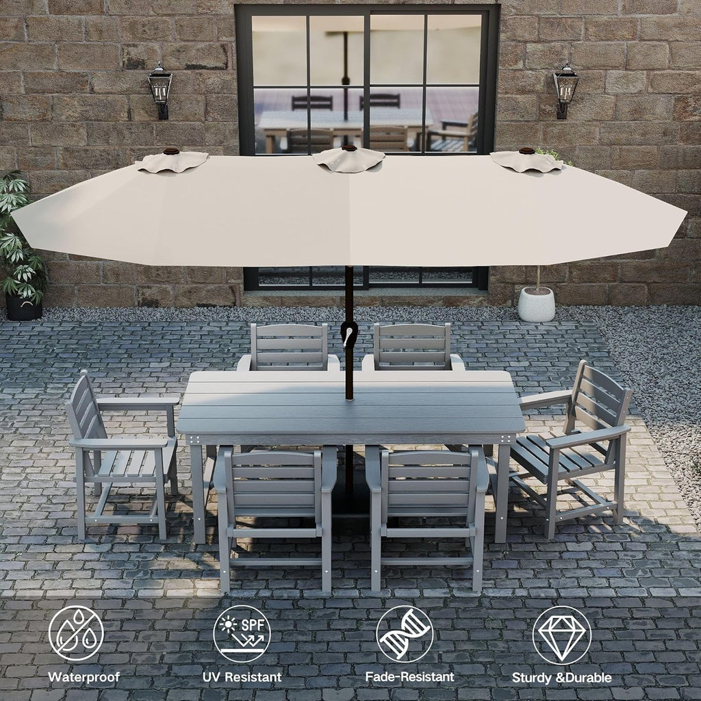 Kingdura 13ft Large Patio Umbrella with Solar Lights, Double-Sided Rectangle Outdoor Table Umbrella with Base Included, 12 Reinforced Ribs, 48 Led Lights, Crank Lift for Market Pool Deck, Beige