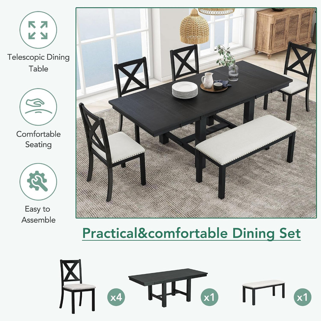 Farmhouse 6-Piece Extendable Dining Room Table Sets, Acacia Wood 82'' Dining Table with 2 Removable Leaf and Upholstered Dining Chairs& Bench, Soft Cushion with Rivet (Black+WT)