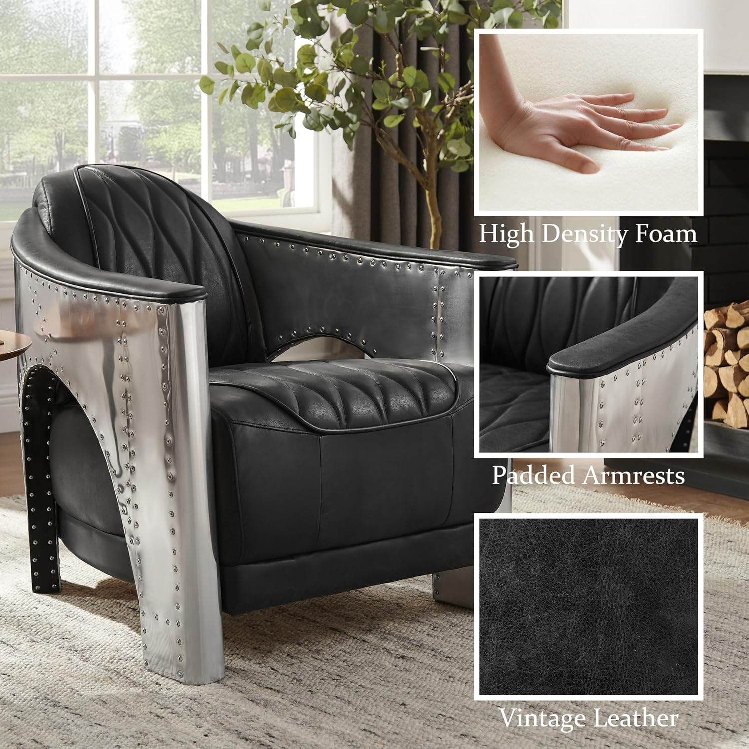 Zouron Vintage Leather Accent Chair, Upholstered Living Room Chair with Aluminum Legs and Handcrafted Rivets, Genuine Leather Single Sofa Chair Barrel Aviator Chair, Black