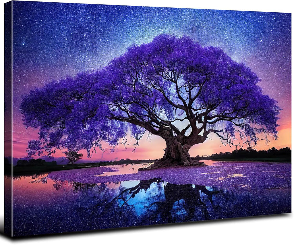 Purple Tree Landscape Wall Art Blue Starry Night Picture Artwork for Living Room Wall Decor Abstract Nature Scenery Canvas Print Painting for Modern Bedroom Bathroom Home Office Decoration 32x48'