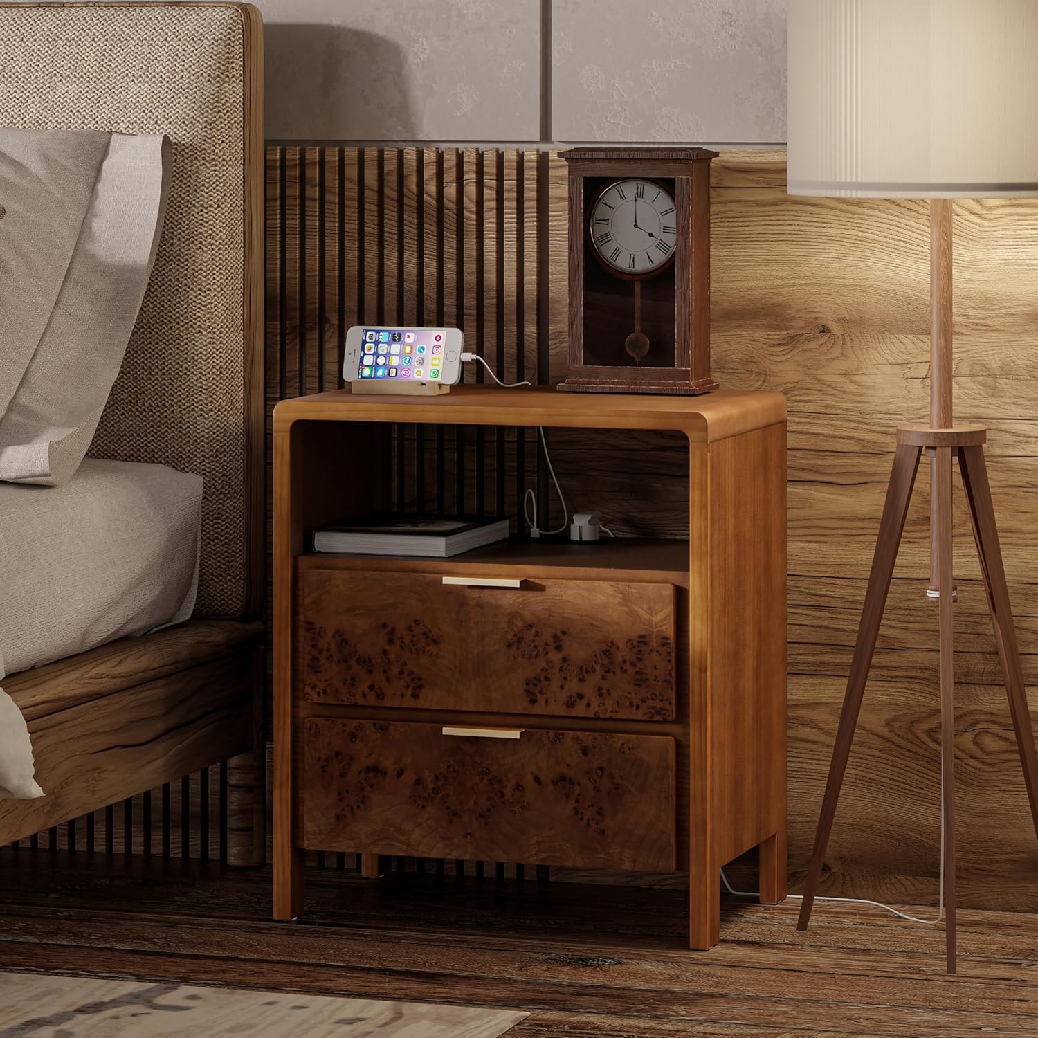 COZAYH Farmhouse Nightstand with Charging Station, Wood Side Table with Power Outlet and USB & Type C Ports, Burl Finish Bedside Table for Bedroom, Fully Assembled, Rustic, Brown