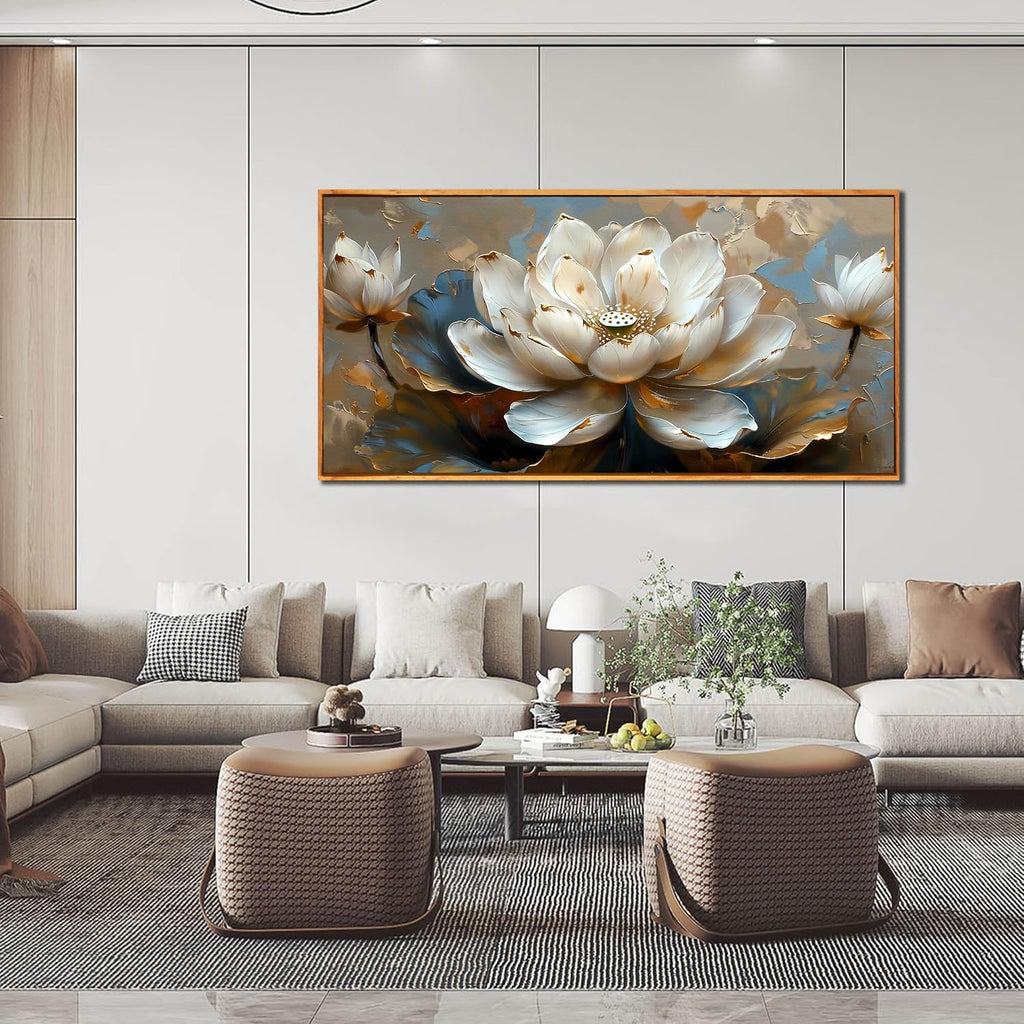 White Lotus Painting Wall Art for Living Room - Gold Flower Wall Decor for Office - Framed Wall Art for Bedroom Size 29' x 59'