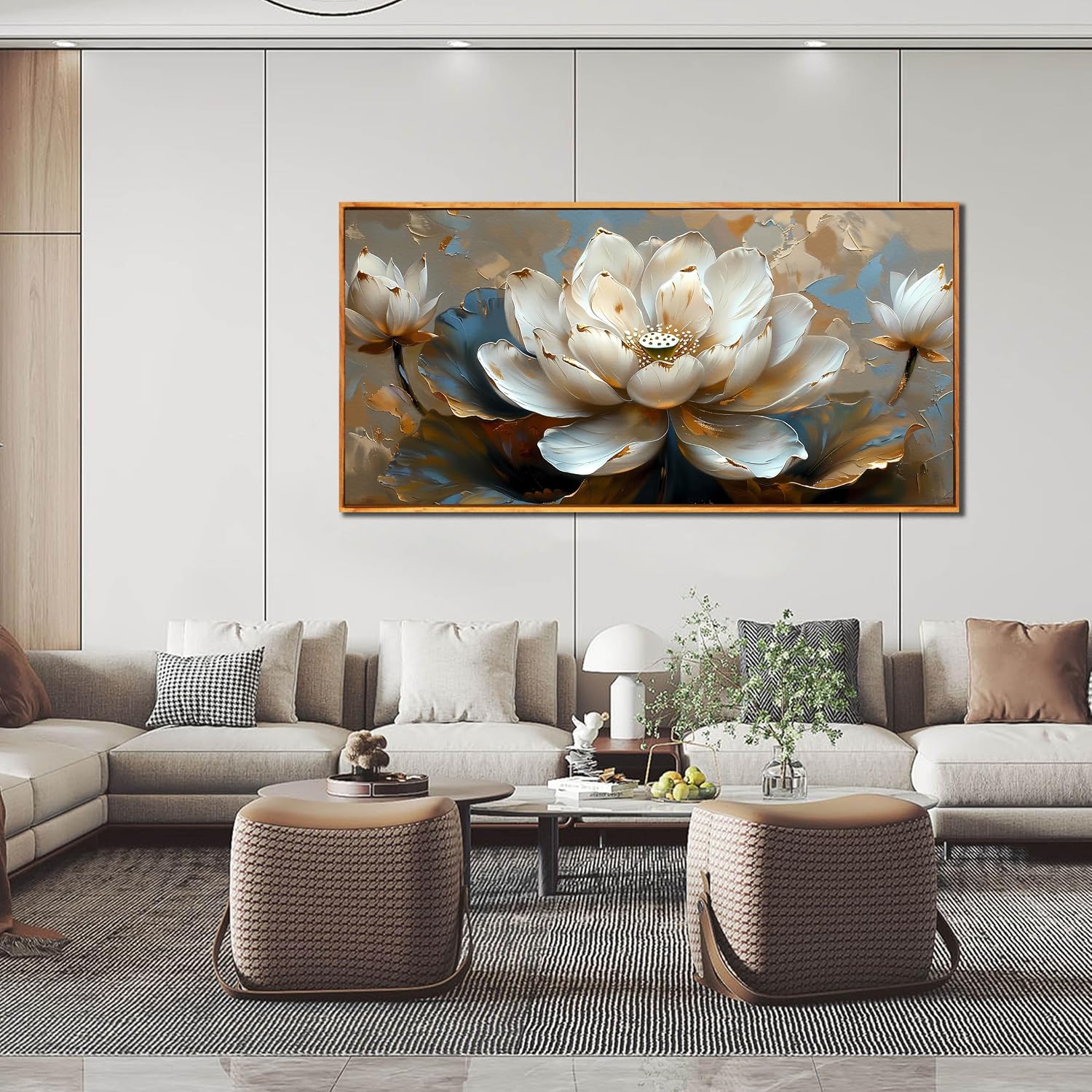 White Lotus Painting Wall Art for Living Room - Gold Flower Wall Decor for Office - Framed Wall Art for Bedroom Size 29' x 59'