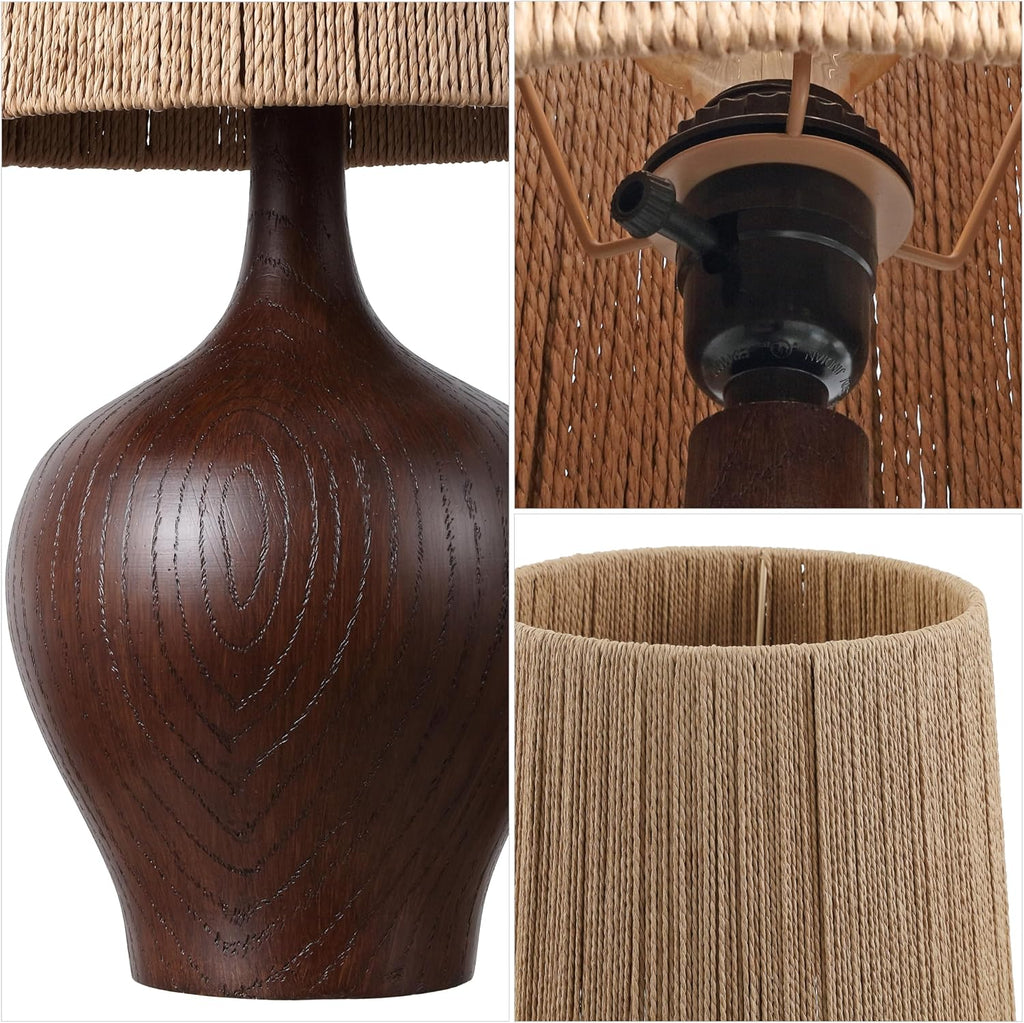 JONATHAN Y 23' Dark Brown Wood Finish Rustic Farmhouse Resin Gourd LED Table Lamp for Bedroom, Living Room, Nightstand, with Brown Paper Rope Shade, LED Bulb Included (JYL9200B)