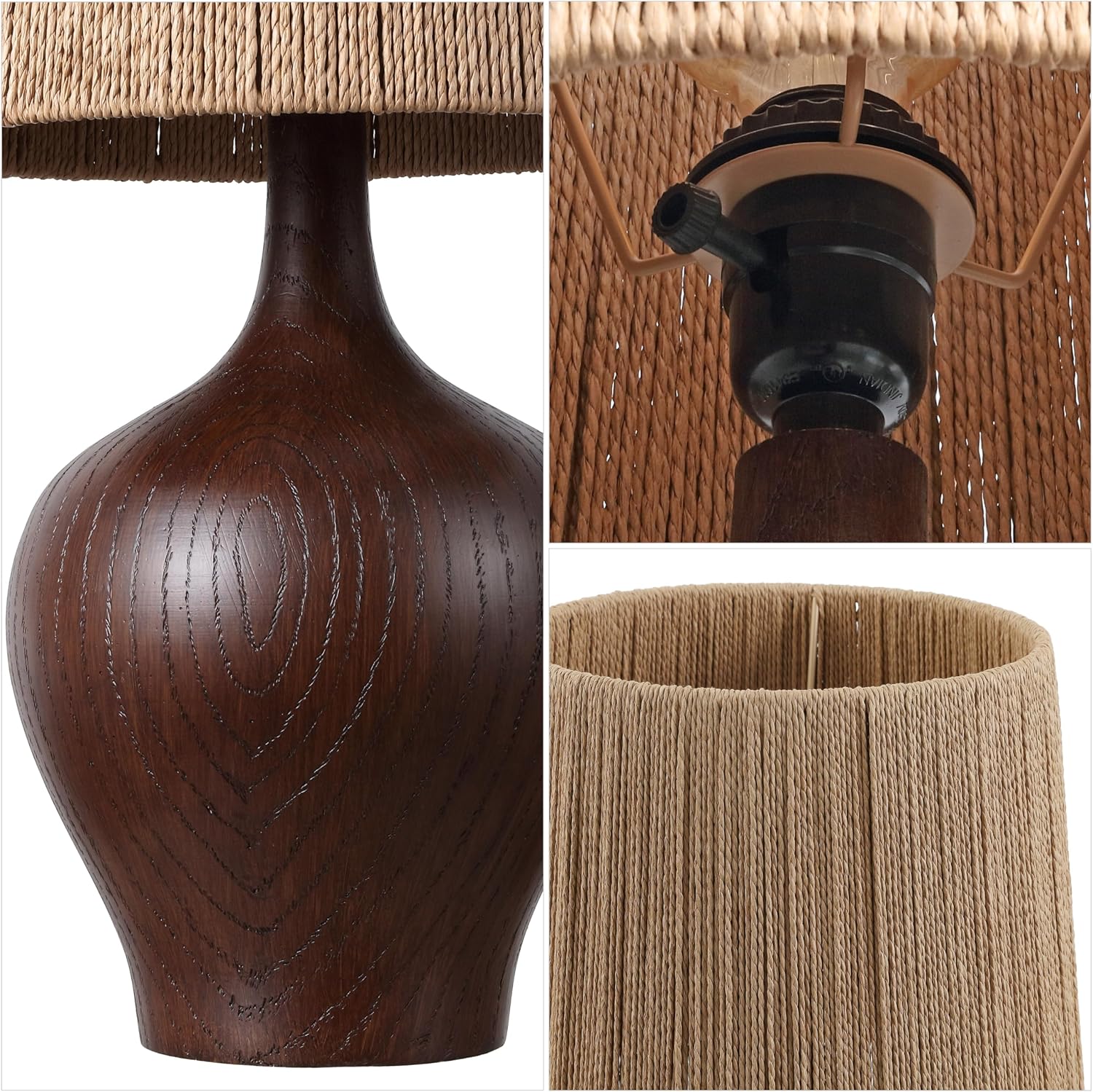 JONATHAN Y 23' Dark Brown Wood Finish Rustic Farmhouse Resin Gourd LED Table Lamp for Bedroom, Living Room, Nightstand, with Brown Paper Rope Shade, LED Bulb Included (JYL9200B)