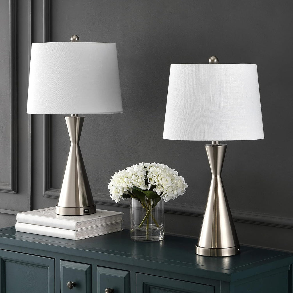 JONATHAN Y 26' Nickel Classic Iron LED Table Lamp with USB Port, Set of 2 for Bedroom, White Linen Shade, Farmhouse Midcentury Modern Bedside Nightstand Lamps, LED Bulbs JYL4046A-SET2
