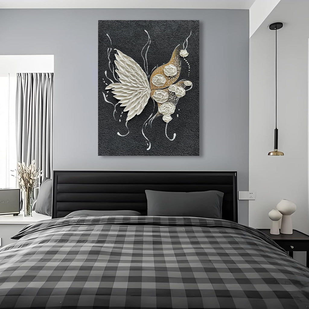 Hand Painted White Butterfly and White Flower Art Painting Modern Black and White Abstract Wall Art Decoration 40x28 Inches