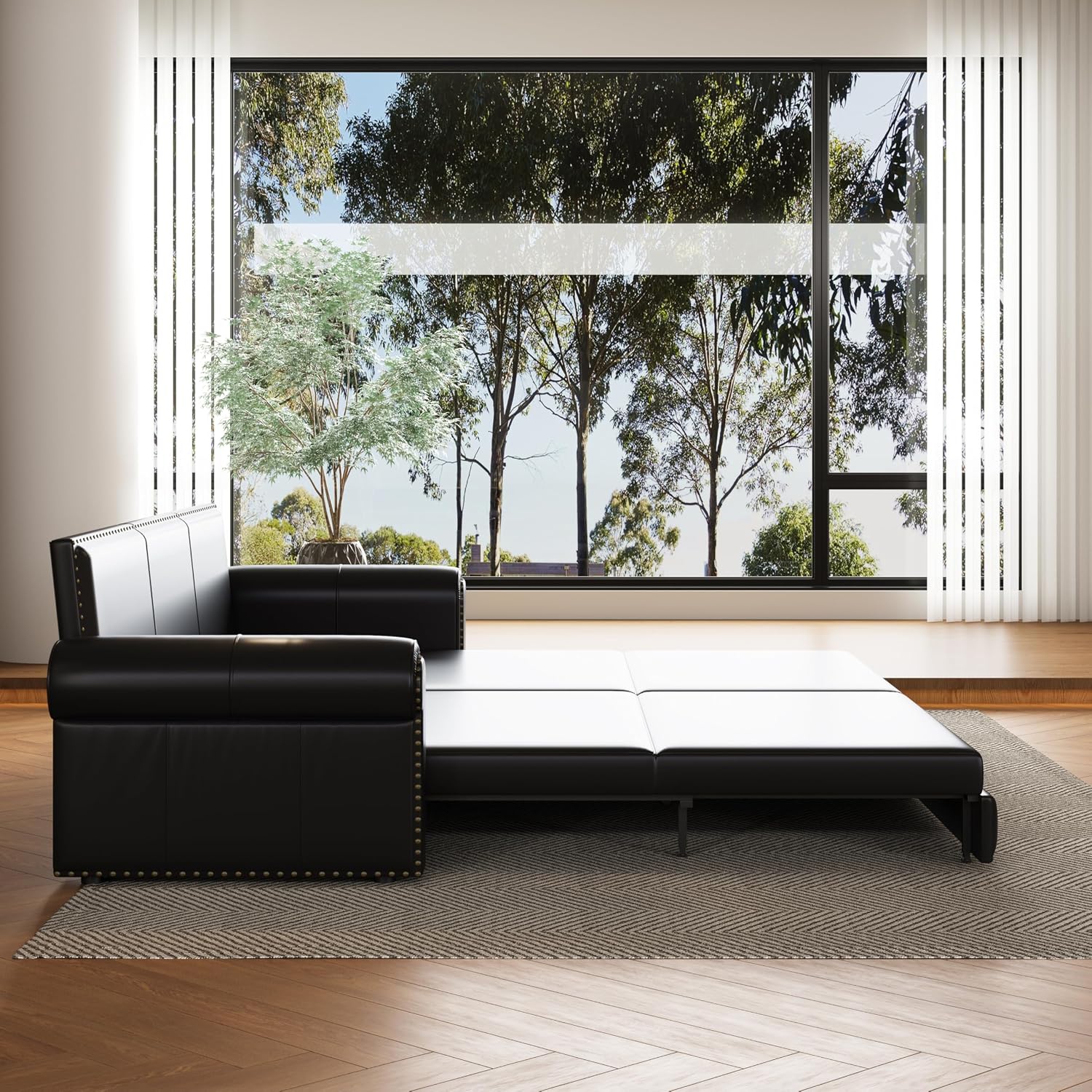 93.7' Pull Out Sofa Bed King Size with Pillows,3-in-1 Convertible Sleeper Couch with Nails Trim,PU Leather 3 Seater Sofabed for Living Room,Black