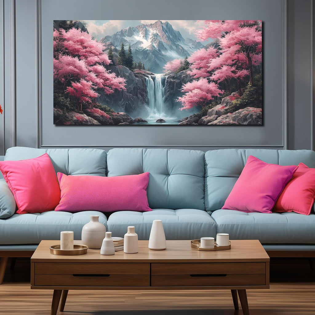 Natural Landscape Pictures for Living Room Mountain Waterfall Pink Tree Wall Decoration,Large Wall Art for Office Ready to Hang 29 x 58 Inch
