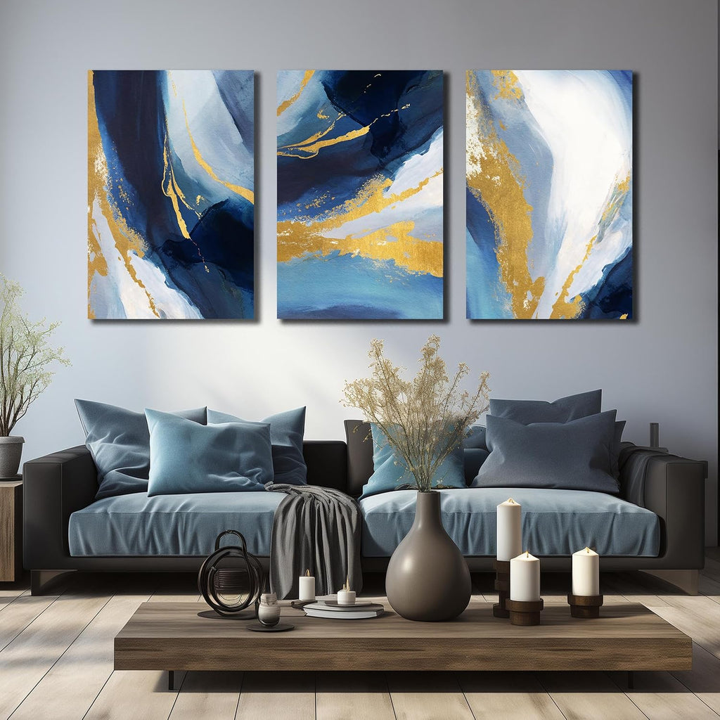 DNIEOTU Abstract Wall Art for Living Room, Blue and Gold Canvas Picture Prints Wall-Decor for Bedroom, Size 24 x 36 Inches 3-Pieces