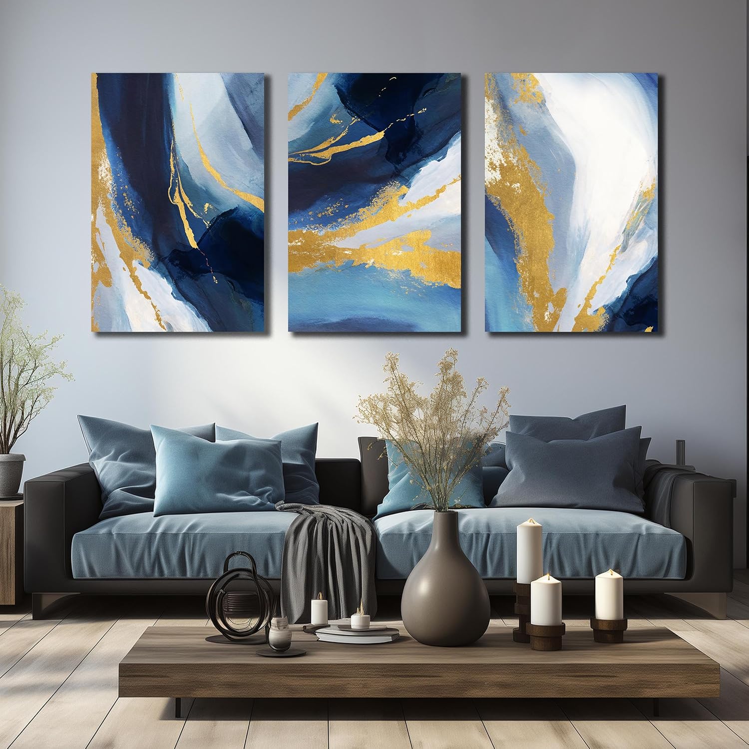 DNIEOTU Abstract Wall Art for Living Room, Blue and Gold Canvas Picture Prints Wall-Decor for Bedroom, Size 24 x 36 Inches 3-Pieces