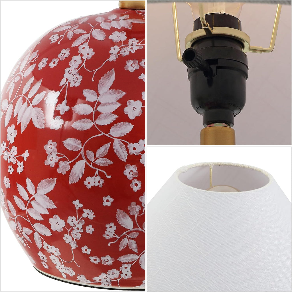 JONATHAN Y 17.25' Red/White Modern Cottage Floral Ceramic Globe Table Lamp for Bedroom, White Linen Shade, LED Bulb Included, French Country Home Decor (JYL5508B)