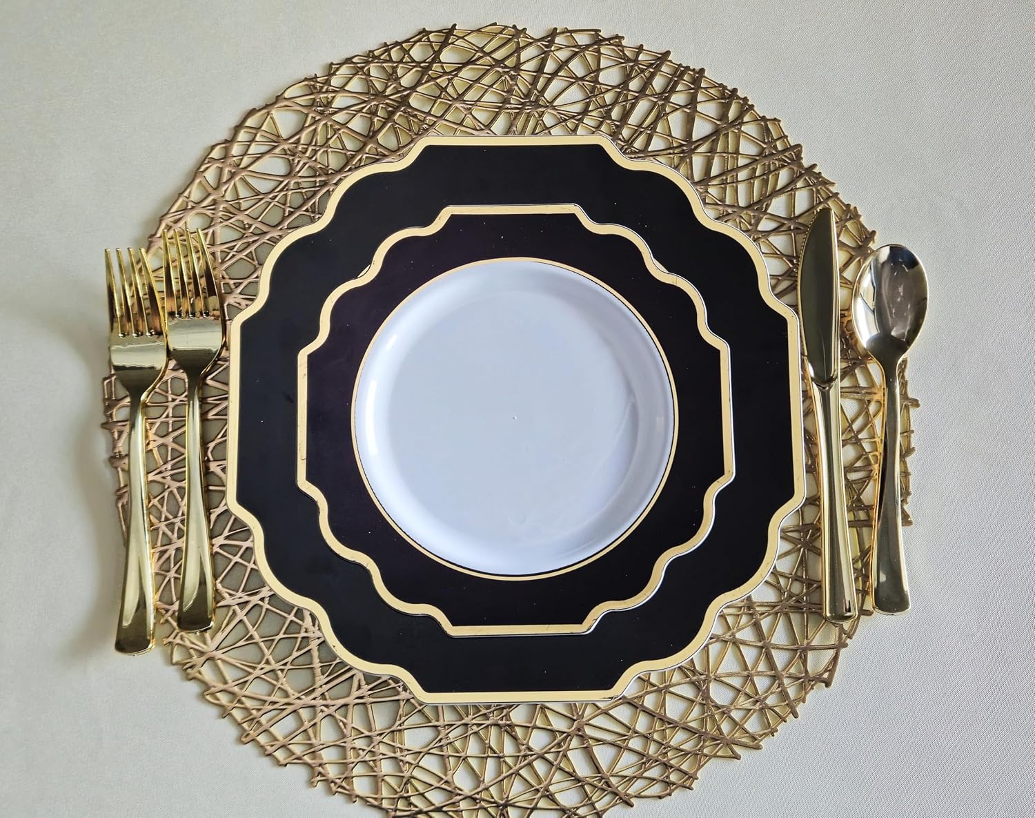 ' OCCASIONS ' 960 Piece set (120 Guests)-Heavyweight Wedding Party Disposable Plastic Plate Set - 120 x 10.5'' + 120 x 8'' + Silverware + Cups + Napkins (Imperial in White & Black & Gold)