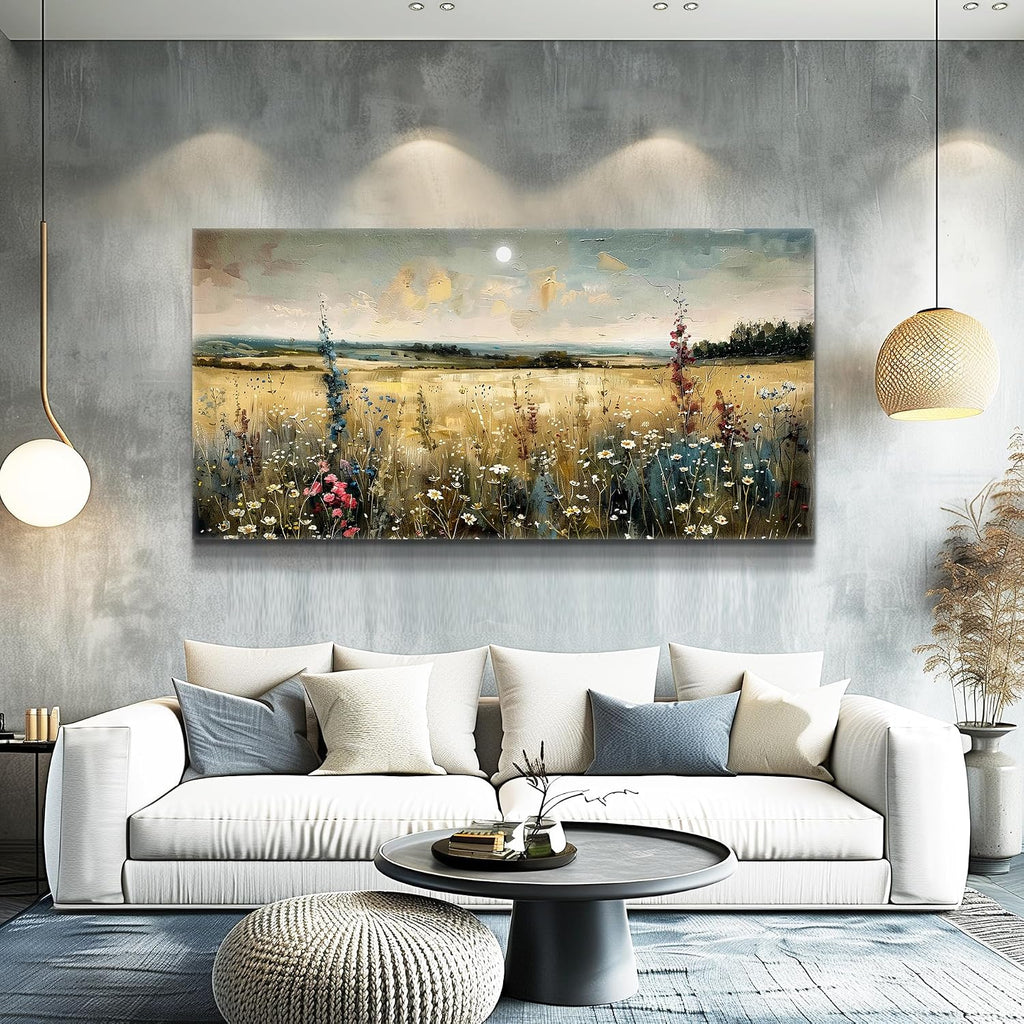 KELIYUAN Large Vintage Natural Field Landscape Painting Home Decor Farmhouse Vintage Meadow Wildflowers Modern Printed Artwork Living Room Decor Bedroom Office Can Be Hung Directly 30 X 60 Inches