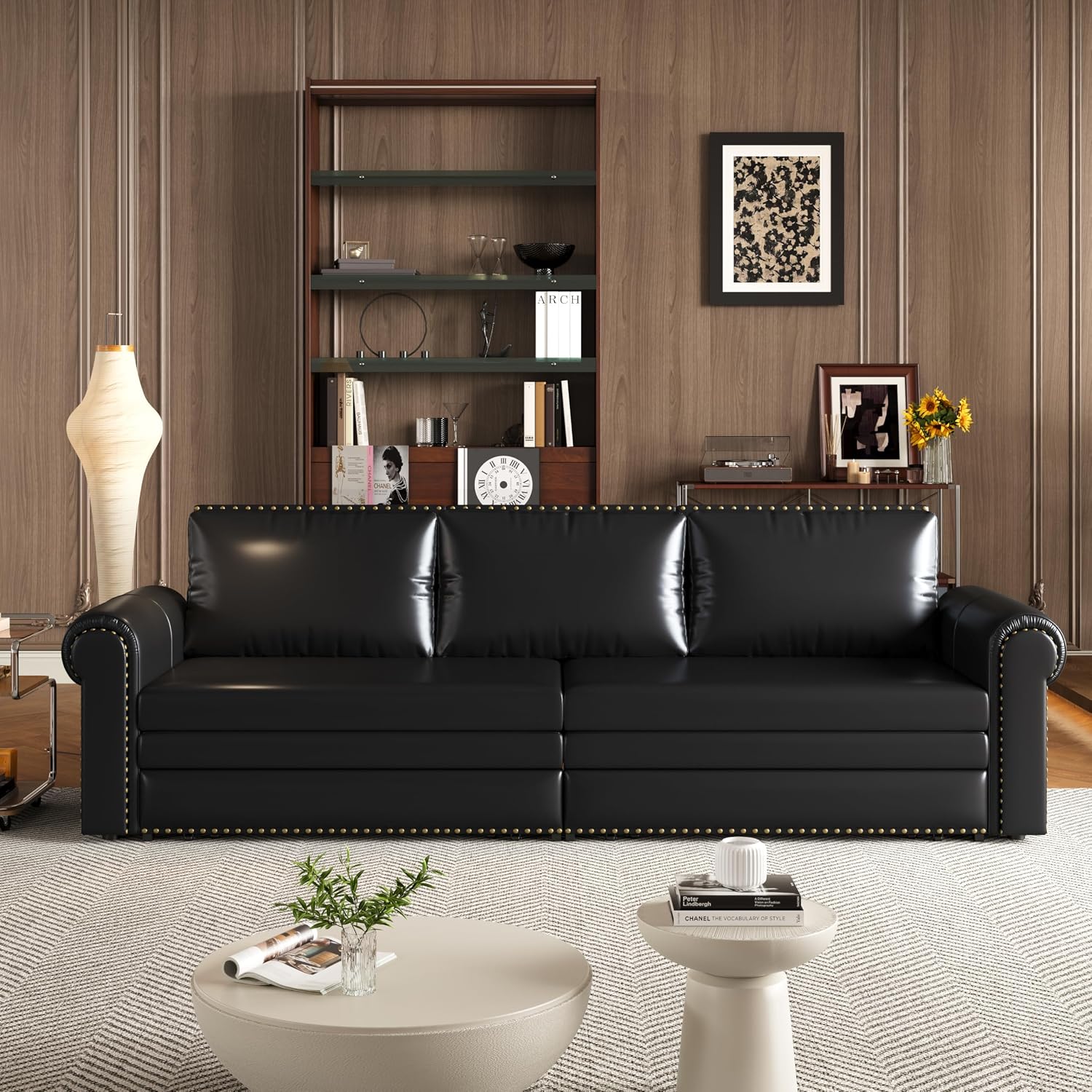 93.7' Pull Out Sofa Bed King Size with Pillows,3-in-1 Convertible Sleeper Couch with Nails Trim,PU Leather 3 Seater Sofabed for Living Room,Black