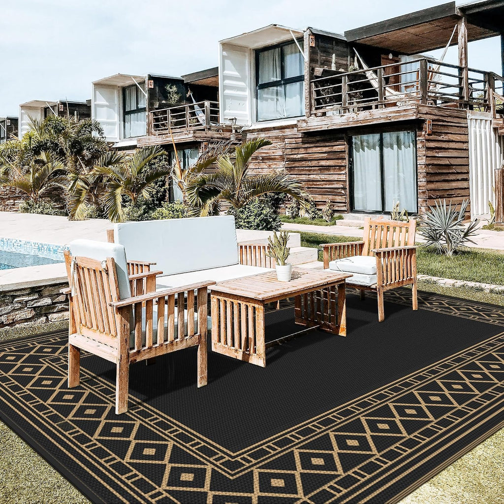 GENIMO Outdoor Rug Waterproof for Patio Decor, 10'x20' Foldable Reversible Plastic Straw Carpet, Outside Area Mat for Rv, Deck, Picnic, Porch, Camper, Balcony, Beach, Black & Brown