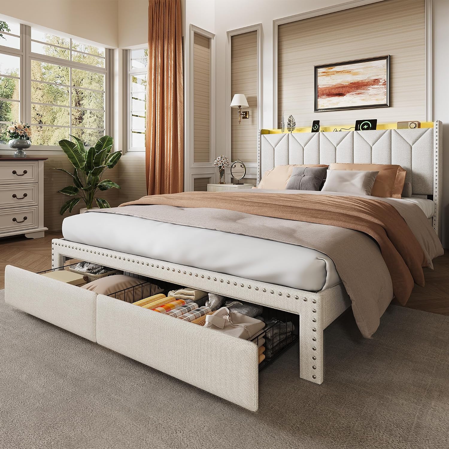 WLIVE Full Size Upholstered Bed Frame with 2 Drawers, Storage Headboard Platform Bed with Charging Station and LED Light, Sturdy Metal & Wooden Slats Support, No Box Spring Needed, Beige