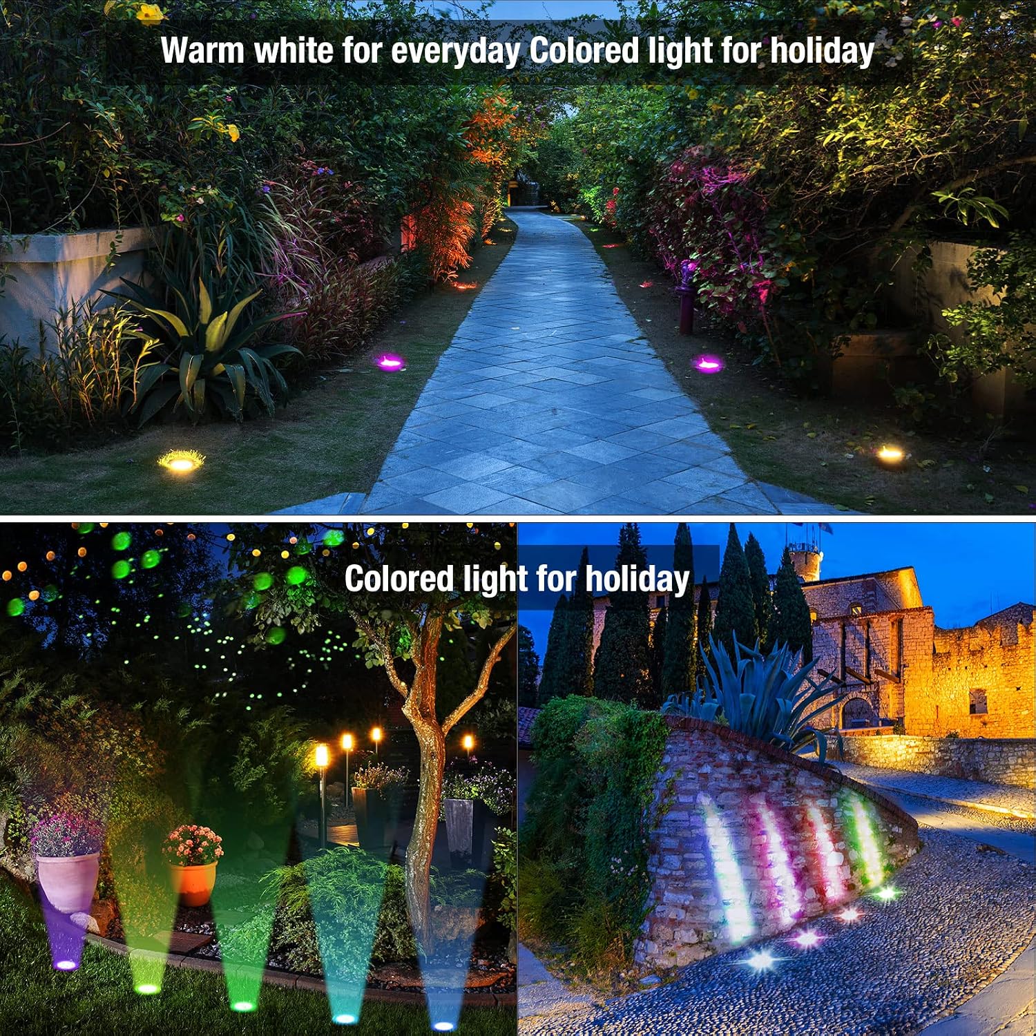 Tuanse 16 Pack Low Voltage Landscape Lights with 32 Connectors and 2 Remotes, RGBW Colored LED Well Lighting 12V-24V Waterproof Outdoor In Ground Lights for Garden Pathway Deck