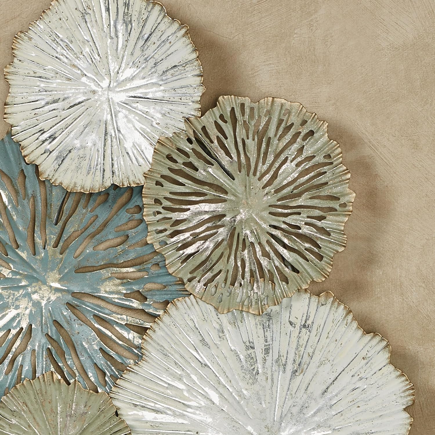 Touch of Class Silas Abstract Metal Wall Art - Sage Green, Slate Blue, Ivory - Dimensional Designs - Circle Collage Sculptures for Bedroom, Living Room, Kitchen - Horizontal Metallic Artwork