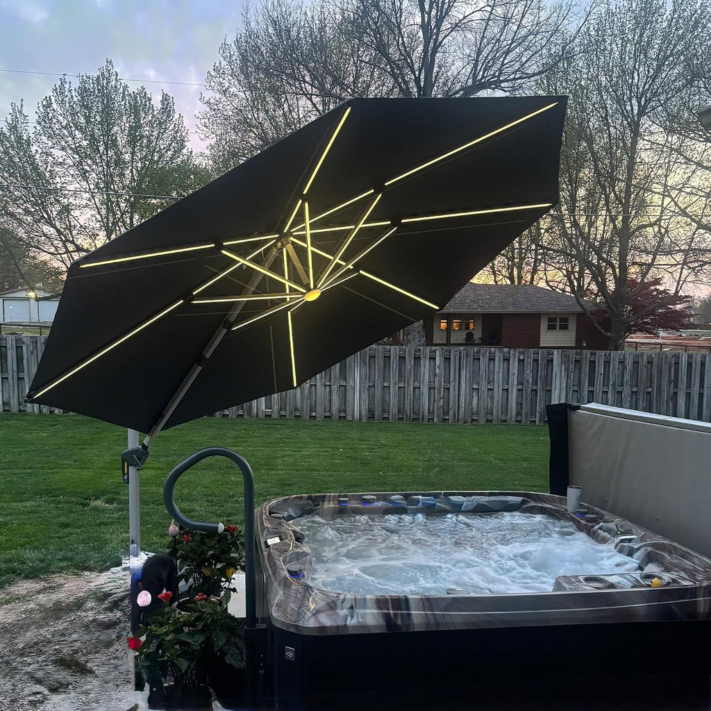 PURPLE LEAF 12ft Solar powered LED Patio Umbrella Outdoor Round Umbrella Large Cantilever Umbrellas with LED lights Windproof Offset Umbrellas Heavy Duty Sun Umbrella for Garden Deck Pool Patio, Grey