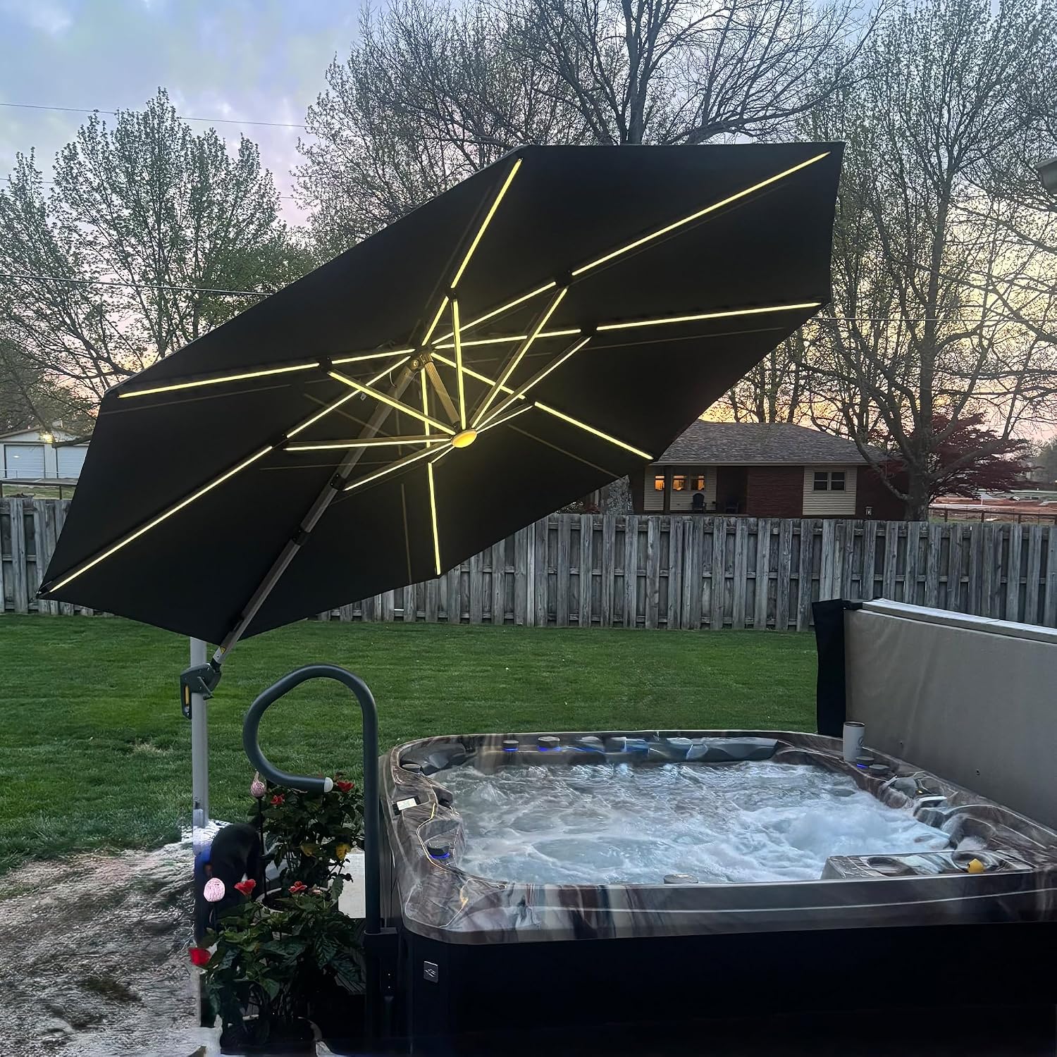 PURPLE LEAF 12ft Solar powered LED Patio Umbrella Outdoor Round Umbrella Large Cantilever Umbrellas with LED lights Windproof Offset Umbrellas Heavy Duty Sun Umbrella for Garden Deck Pool Patio, Grey