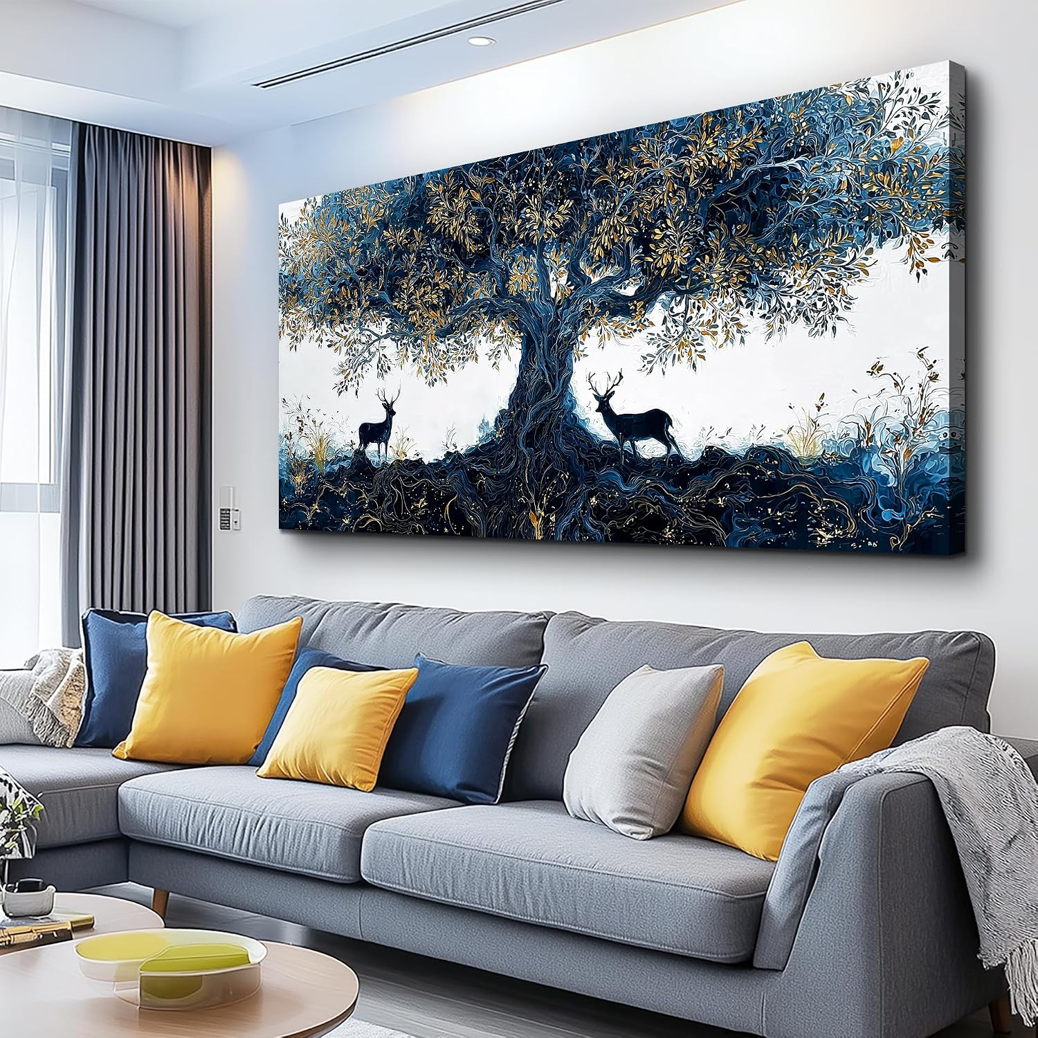 XIGUANGART Blue Tree of Life Wall Art, Large Pictures Wall Art for Living Room, Deer Oversized Wall Decor Elk Animal Canvas Print Painting Modern Extra Large Framed Artwork for Bedroom Office 60'x30'