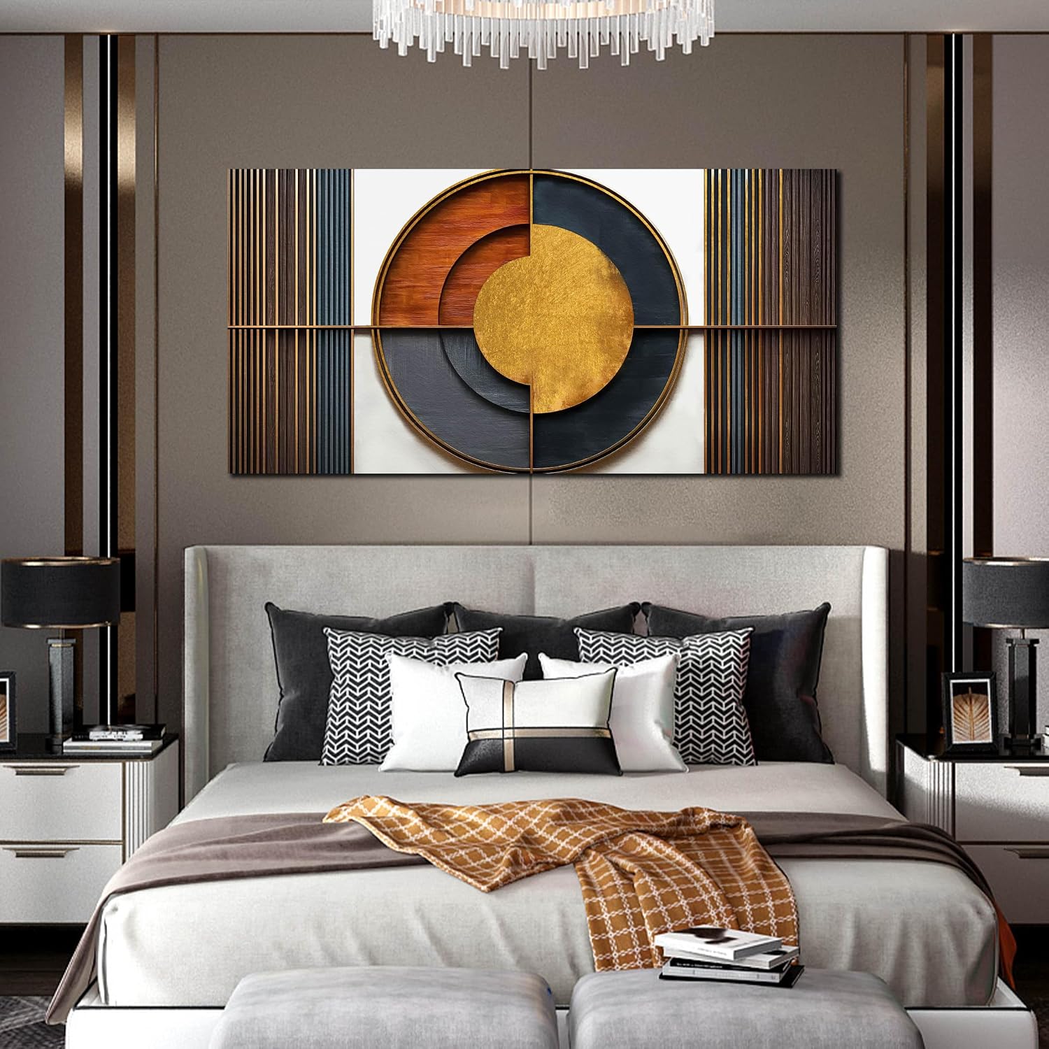 Large Canvas Wall Art for Living Room Bedroom Home Office Brown and White Wood Color Geometrical Picture Modern Canvas Prints Framed Wall Decor Size 29x59