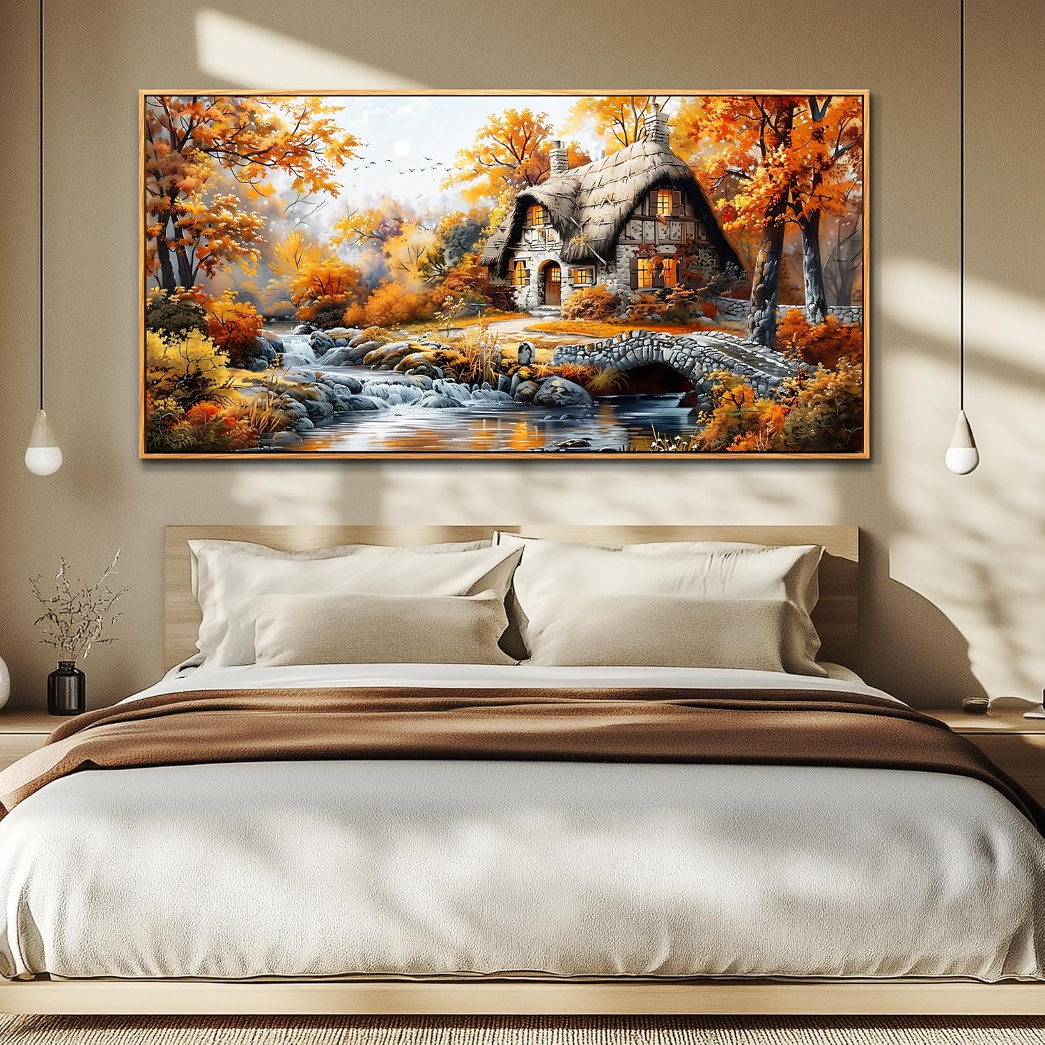 QIYILEXWART Canvas Wall Art For Living Room Large Wall Decor For Office Bedroom Decorations Autumn Cottage River Landscape Pictures Farmhouse Painting Artwork Room Wall Mural Aesthetic Home Decor 30x60 In