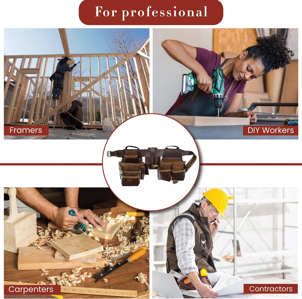 Style n Craft 4-Piece and 22-Pocket Pro Framer's Combo, Tool Belt with 2 Tool Pouches, a 4-Pocket Multi-Tool Holder, and 1 Leather Hammer Loop, Full-Grain Leather Carpenter Tool Belt, Dark Tan (98454)
