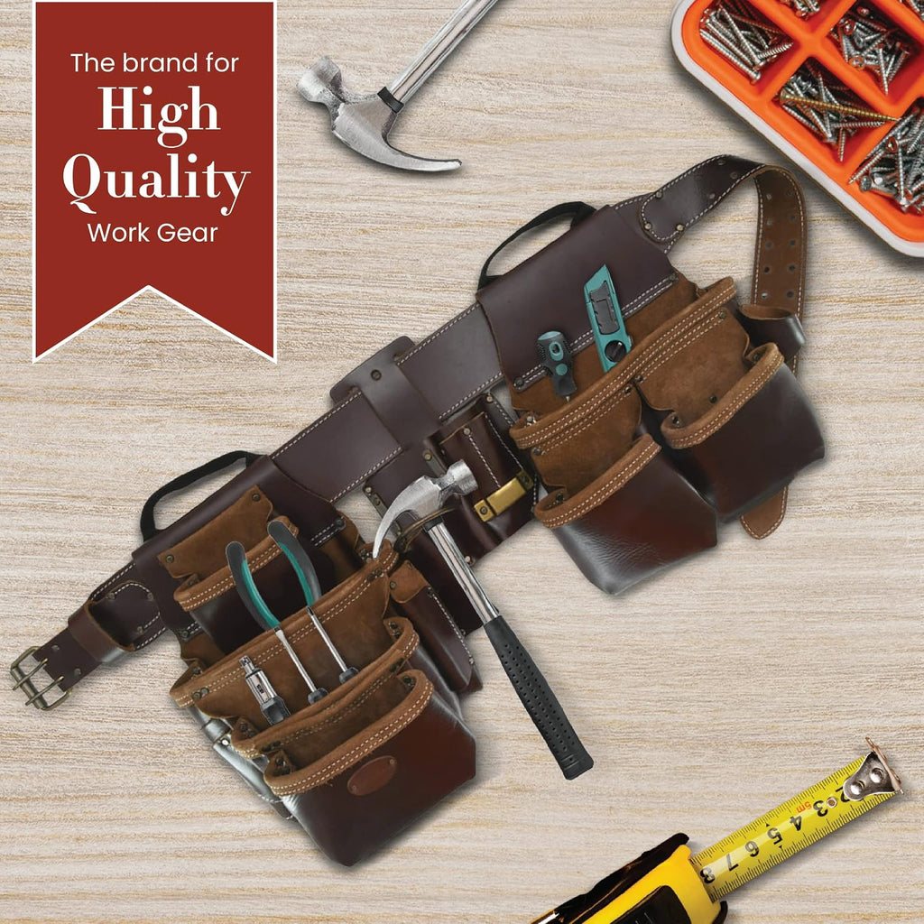 Style n Craft 4-Piece and 22-Pocket Pro Framer's Combo, Tool Belt with 2 Tool Pouches, a 4-Pocket Multi-Tool Holder, and 1 Leather Hammer Loop, Full-Grain Leather Carpenter Tool Belt, Dark Tan (98454)