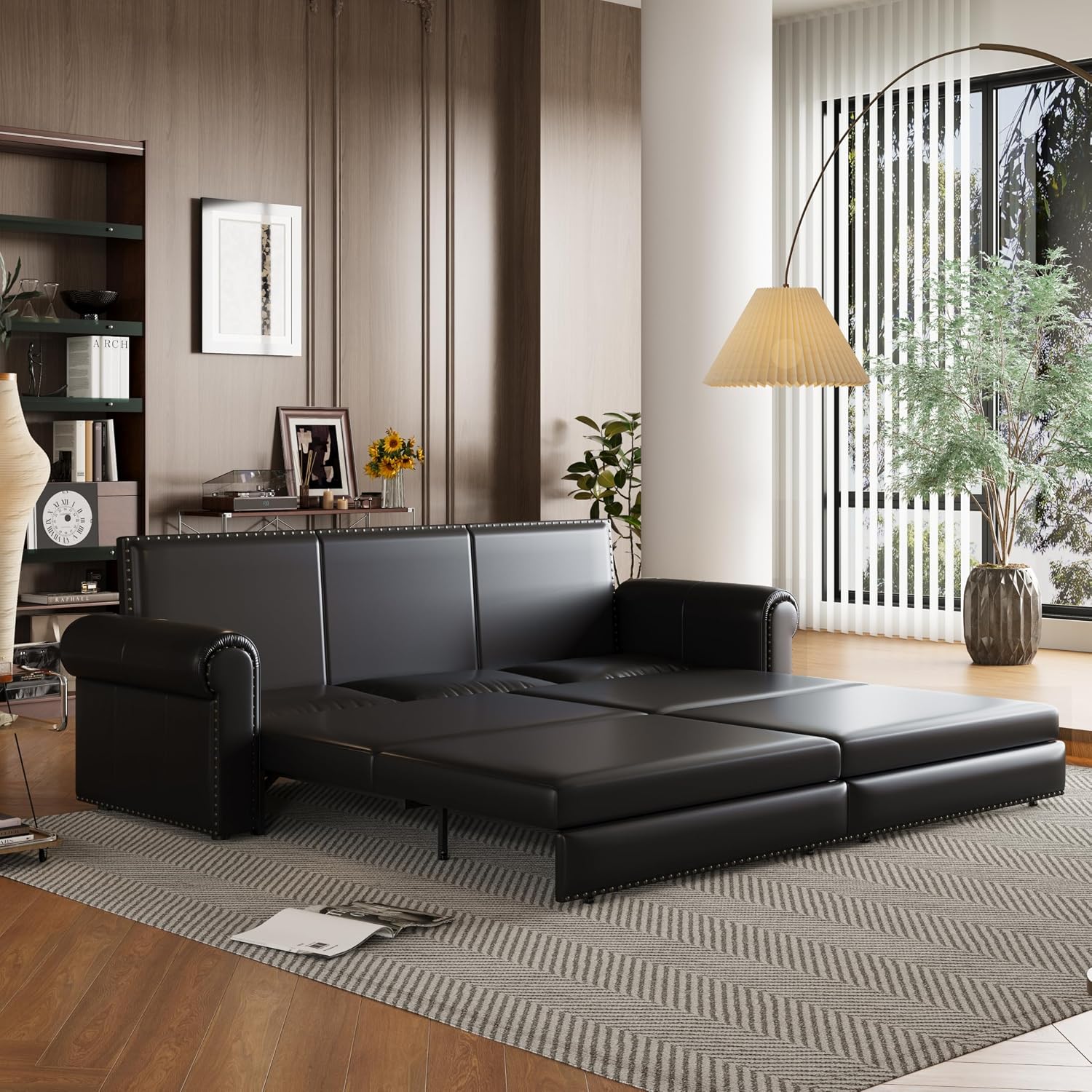 93.7' Pull Out Sofa Bed King Size with Pillows,3-in-1 Convertible Sleeper Couch with Nails Trim,PU Leather 3 Seater Sofabed for Living Room,Black
