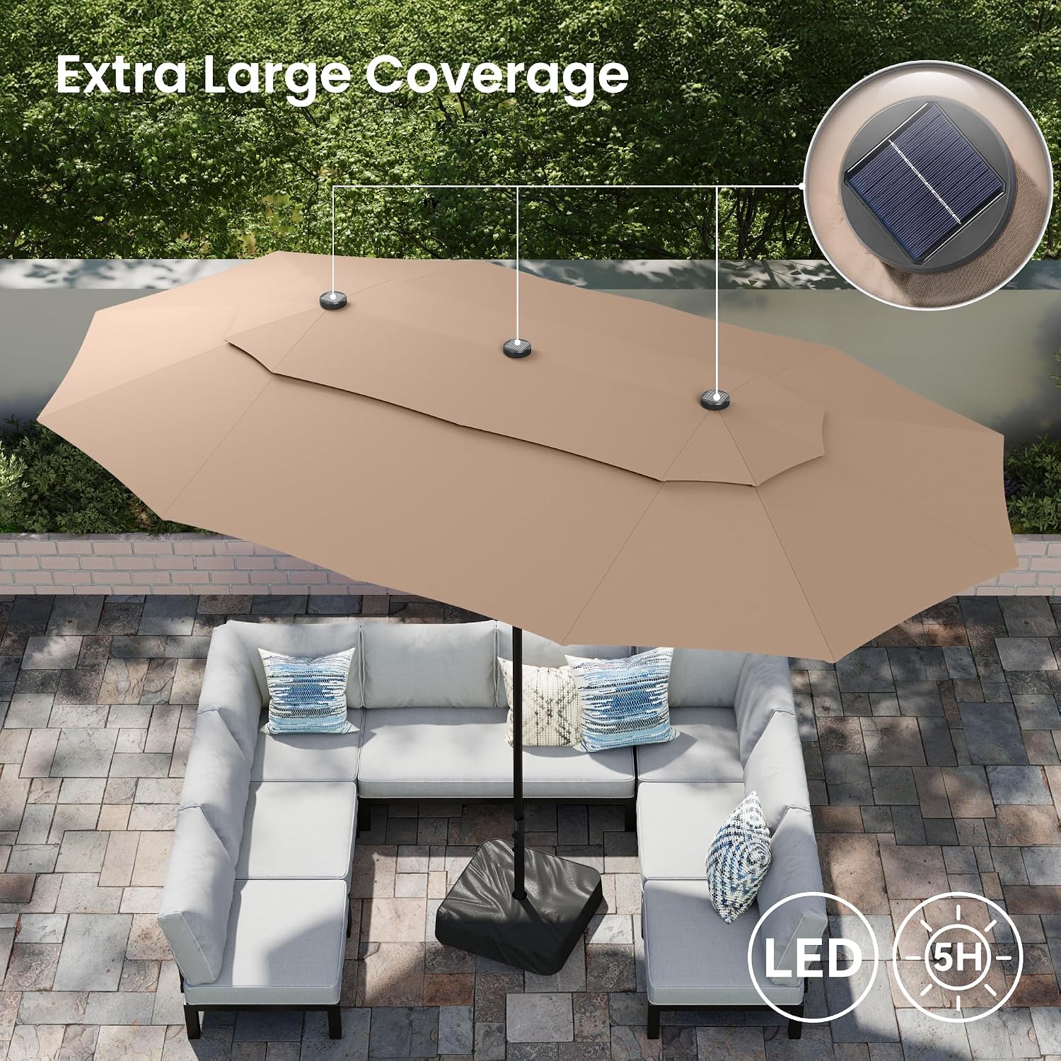 PHI VILLA 15ft 2-Tier Large Patio Umbrella with Solar Lights, Double-Sided Outdoor Market Rectangle Umbrellas with 36 LED Lights, Umbrella Base (Stand) Included, Beige