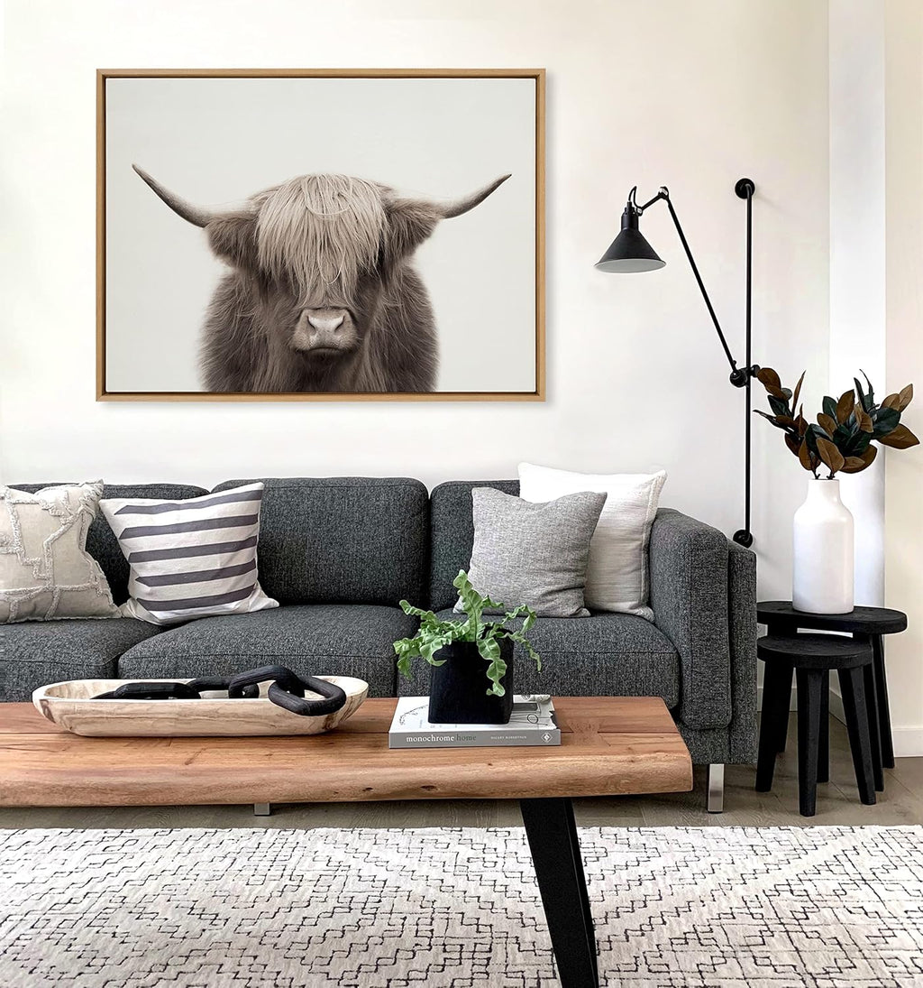 Kate and Laurel Sylvie Hey Dude Highland Cow Color Framed Linen Textured Canvas Wall Art by The Creative Bunch Studio; 31.5x41.5 Natural; Rustic Animal Wall Decor Art Piece