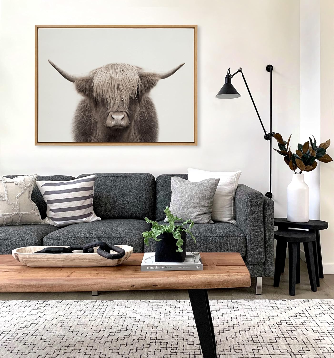 Kate and Laurel Sylvie Hey Dude Highland Cow Color Framed Linen Textured Canvas Wall Art by The Creative Bunch Studio; 31.5x41.5 Natural; Rustic Animal Wall Decor Art Piece