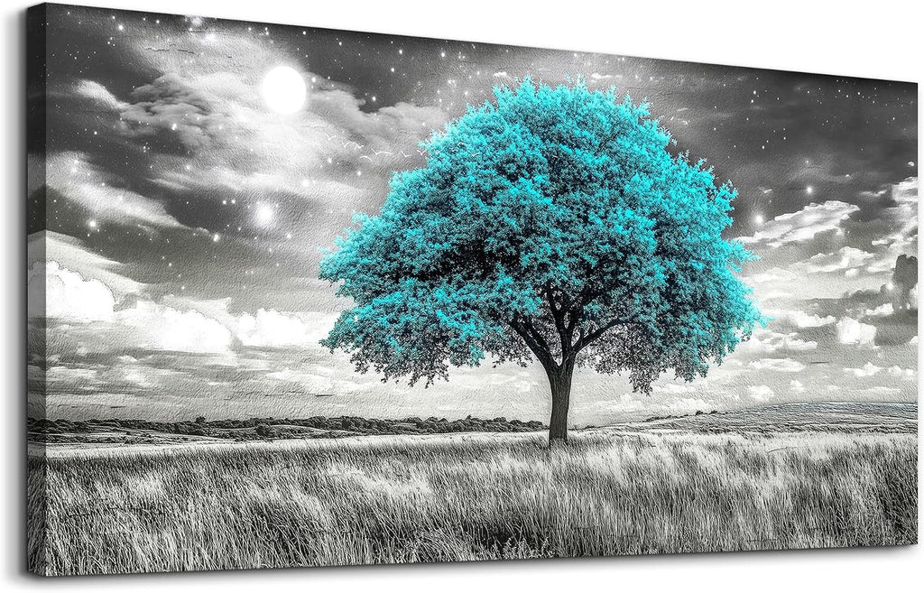 KELIYUAN Large Canvas Wall Art For Living Room Wall Decor For Bedroom Corridor Blue Tree Natural Scenery Full Of Stars Black And White Modern Printing Dining Room Kitchen Home Decoration 30 'X 60'
