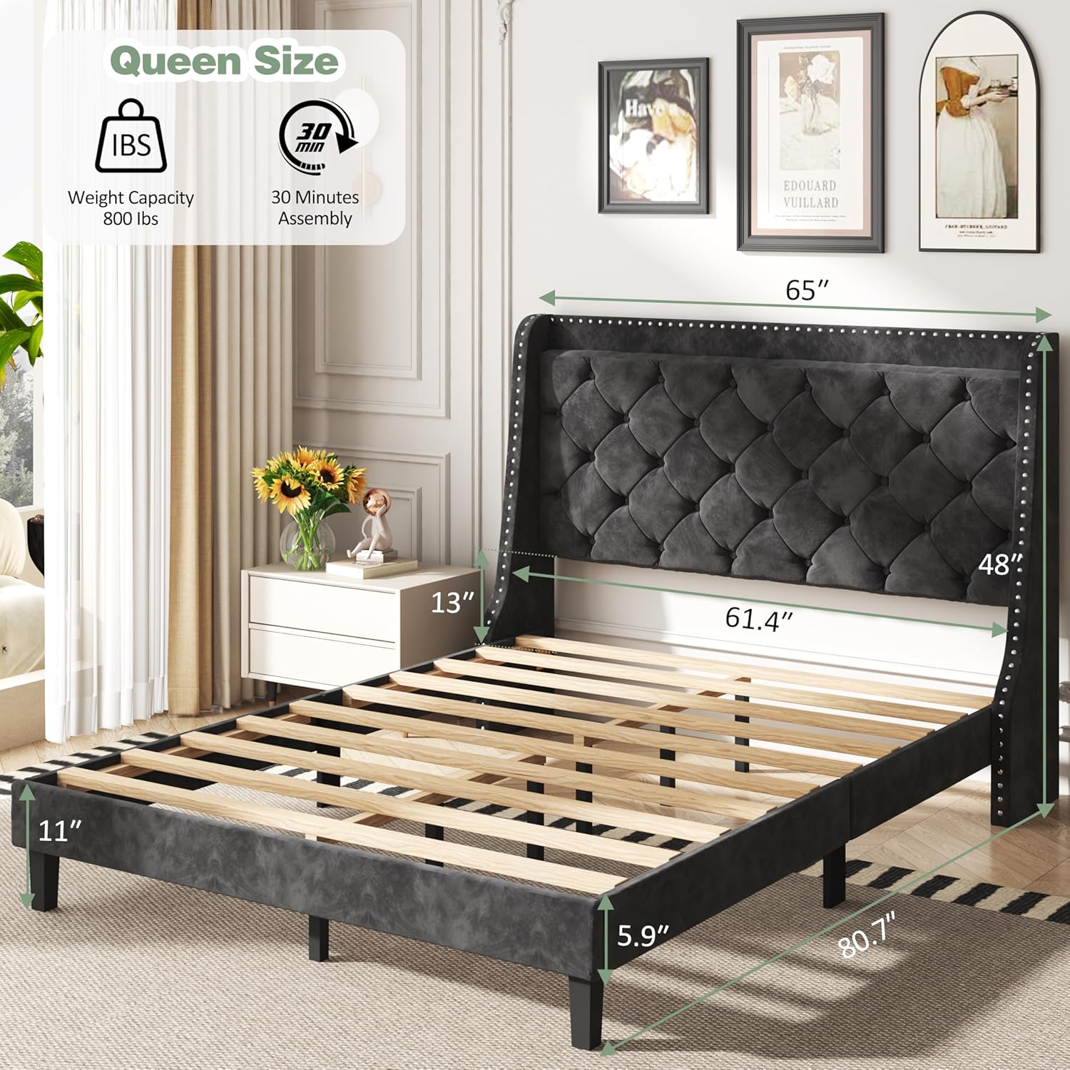 SUNLEI Queen Bed Frame with Storage Headboard, Velvet Upholstered Platform Bed Frame with Wingback Tufted Headboard, Noise Free Wood Slat Support, No Box Spring Needed, Easy Assembly, Black