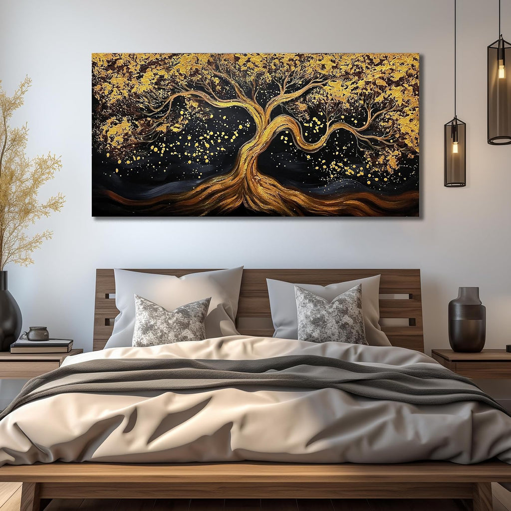 JKWALL77 Tree Of Life Hand Painting Wall Decor For Living Room Black And Gold Wall Decor For Office Tree Huge Canvas Wall Art For Bedroom Size 36 x 72 Inch