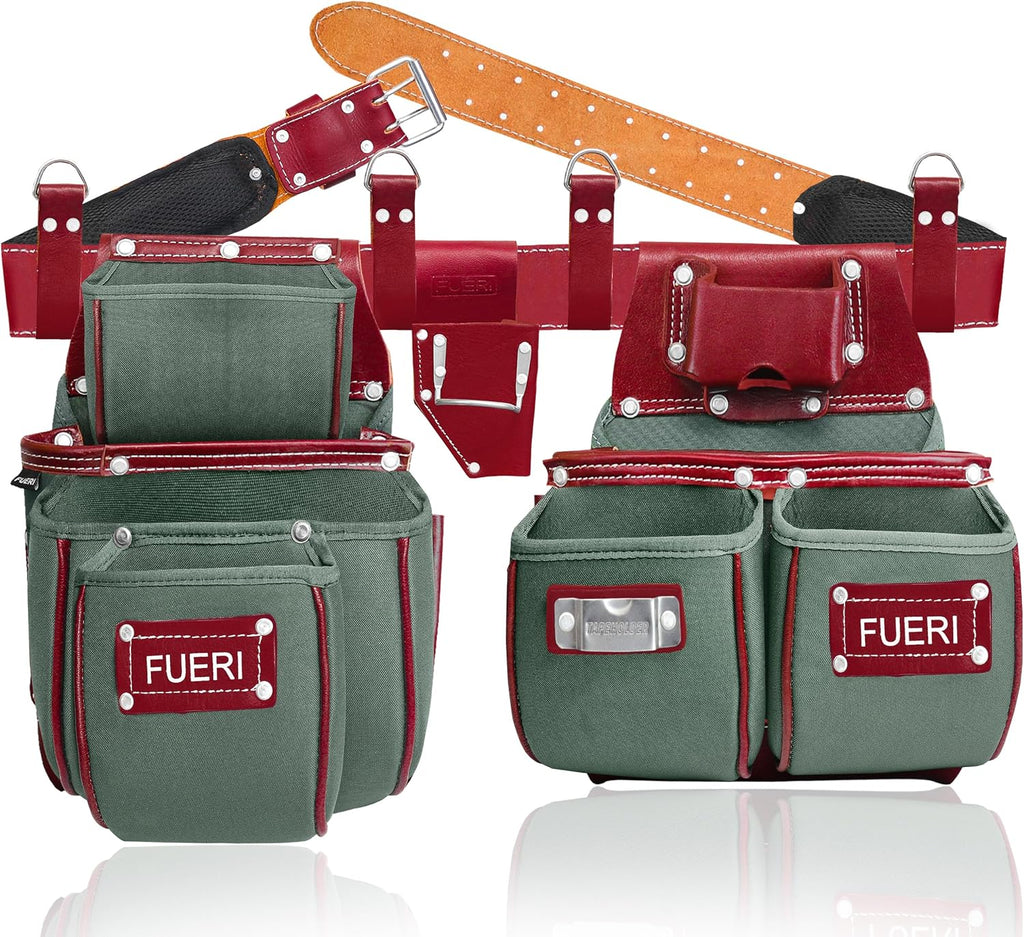 FUERI Tool Belt for Men made with Heavy Duty 1680-D Double Layer Nylon & Grain Leather comes with Adjustable Padded Belt, 19 Pockets pouches, and a Hammer Holder | Carpenters, Framers, Construction