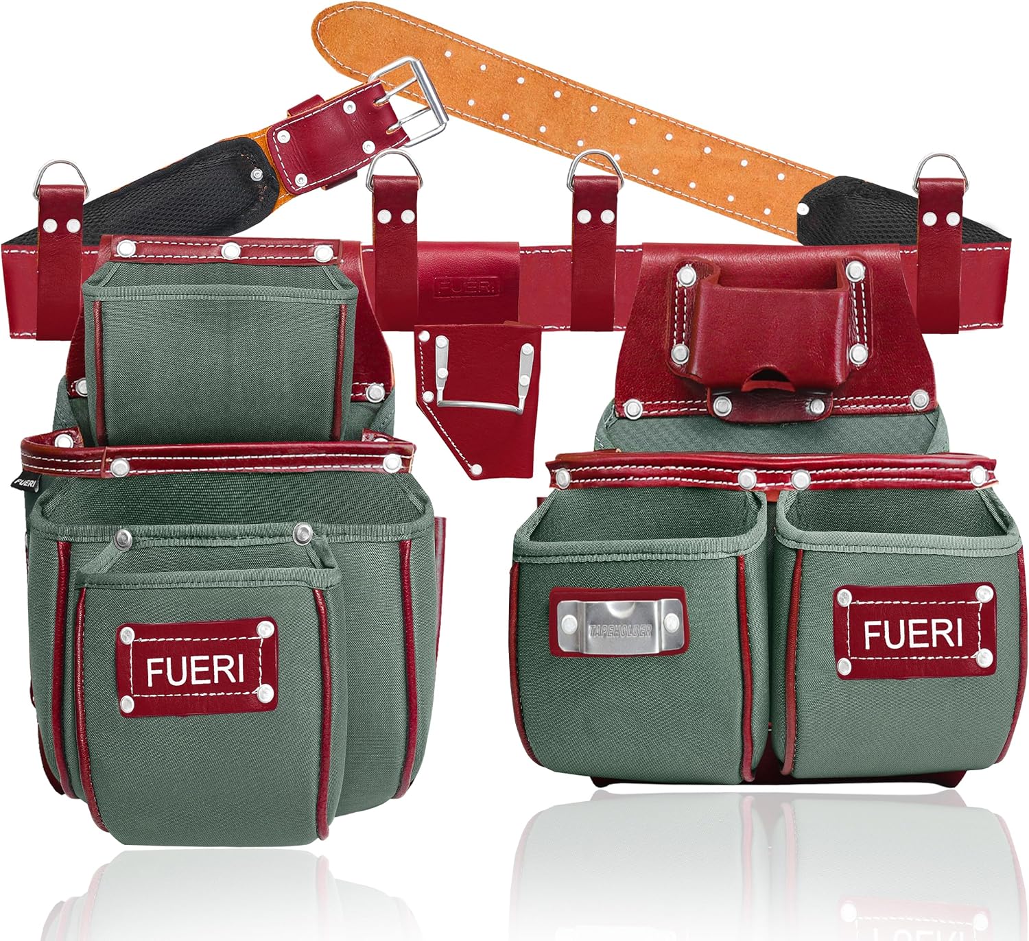 FUERI Tool Belt for Men made with Heavy Duty 1680-D Double Layer Nylon & Grain Leather comes with Adjustable Padded Belt, 19 Pockets pouches, and a Hammer Holder | Carpenters, Framers, Construction