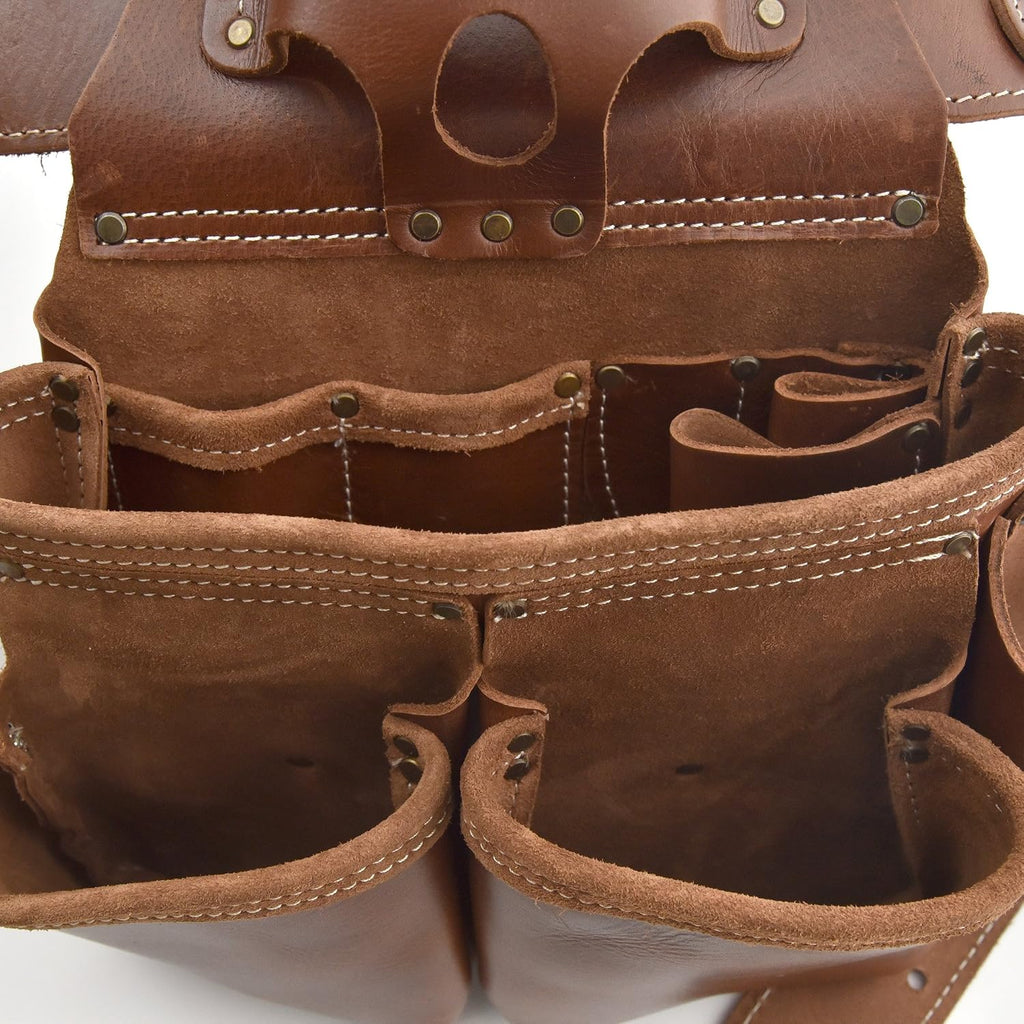 Style n Craft - 4 Piece and 19 Pockets Pro Framer's Combo, Tool Belt with 2 Tool Pouches and 1 Pliers and Hammer Holder, Full-Grain Leather Carpenter Tool Belt Combo, Dark Tan (98444)