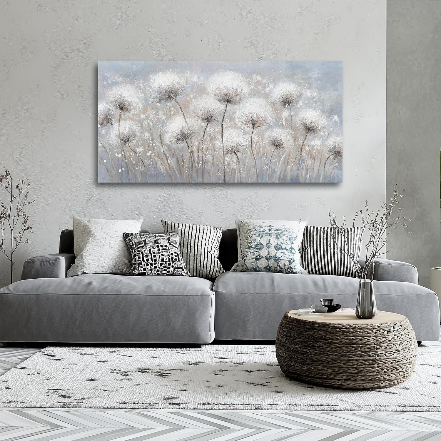 Belmrxne Large Dandelion Floral Wall White and Black Wall Decor Modern Aesthetic Artwork Trendy Canvas Painting for Living Room Bedroom Dining Room Office Home Decor 29x58 inch