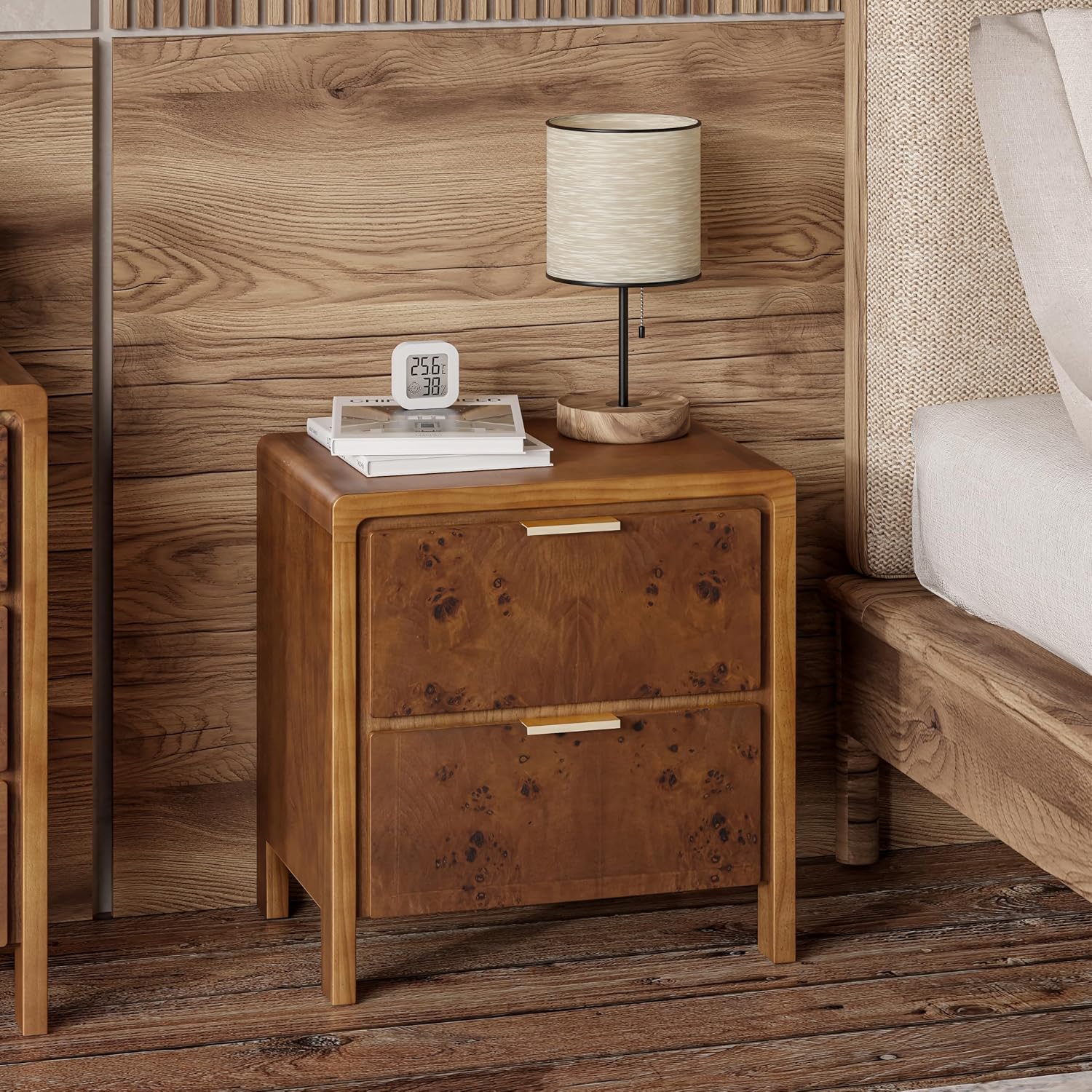 COZAYH Farmhouse Nightstand with 2 Drawer, Distressed Wood Rustic Accent Bedside Table, Burl Finish Side Table for Bedroom, Entryway, Fully Assembled, Brown